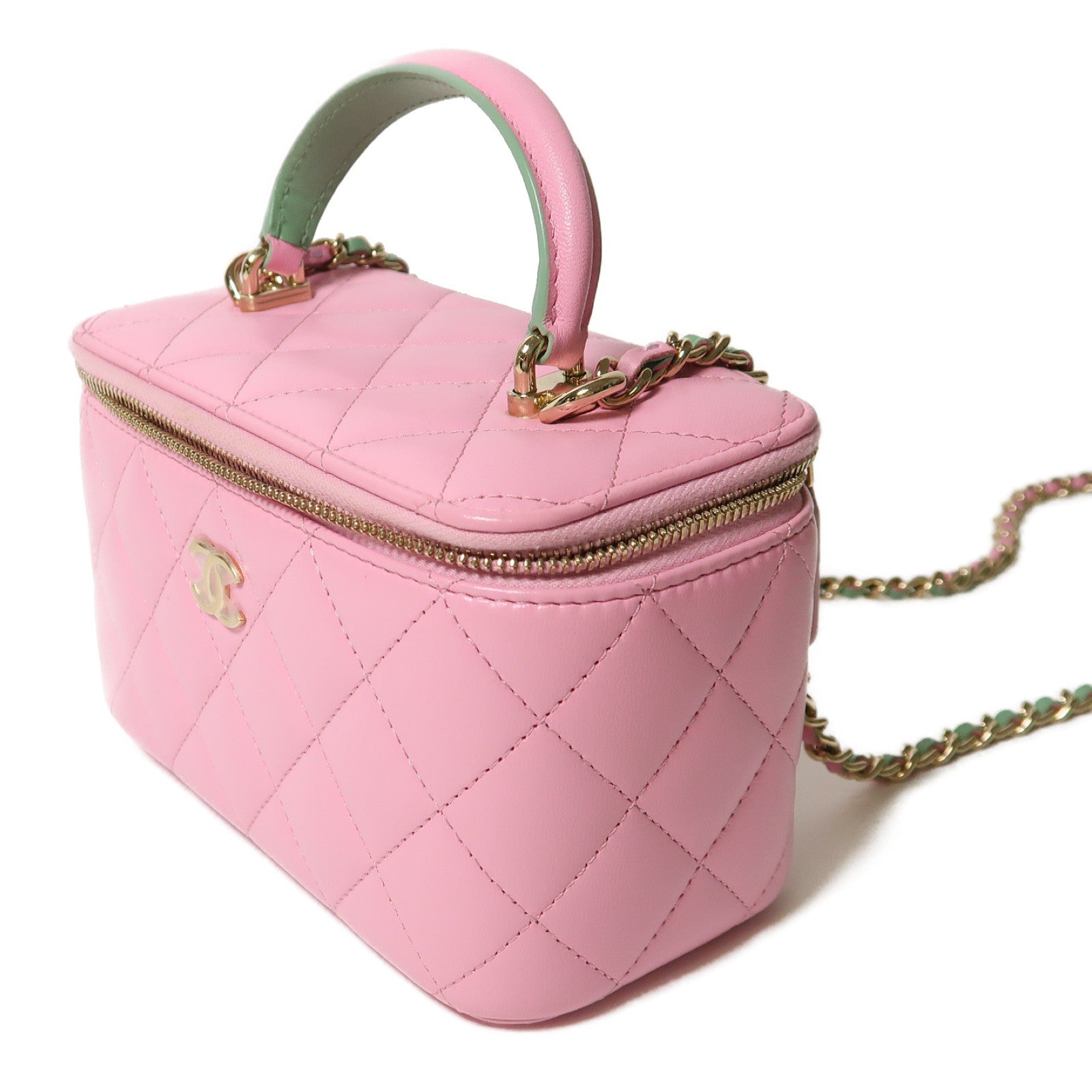 CHANEL 菱格羊皮皮革Vanity Case金釦鏈帶肩背袋粉紅色