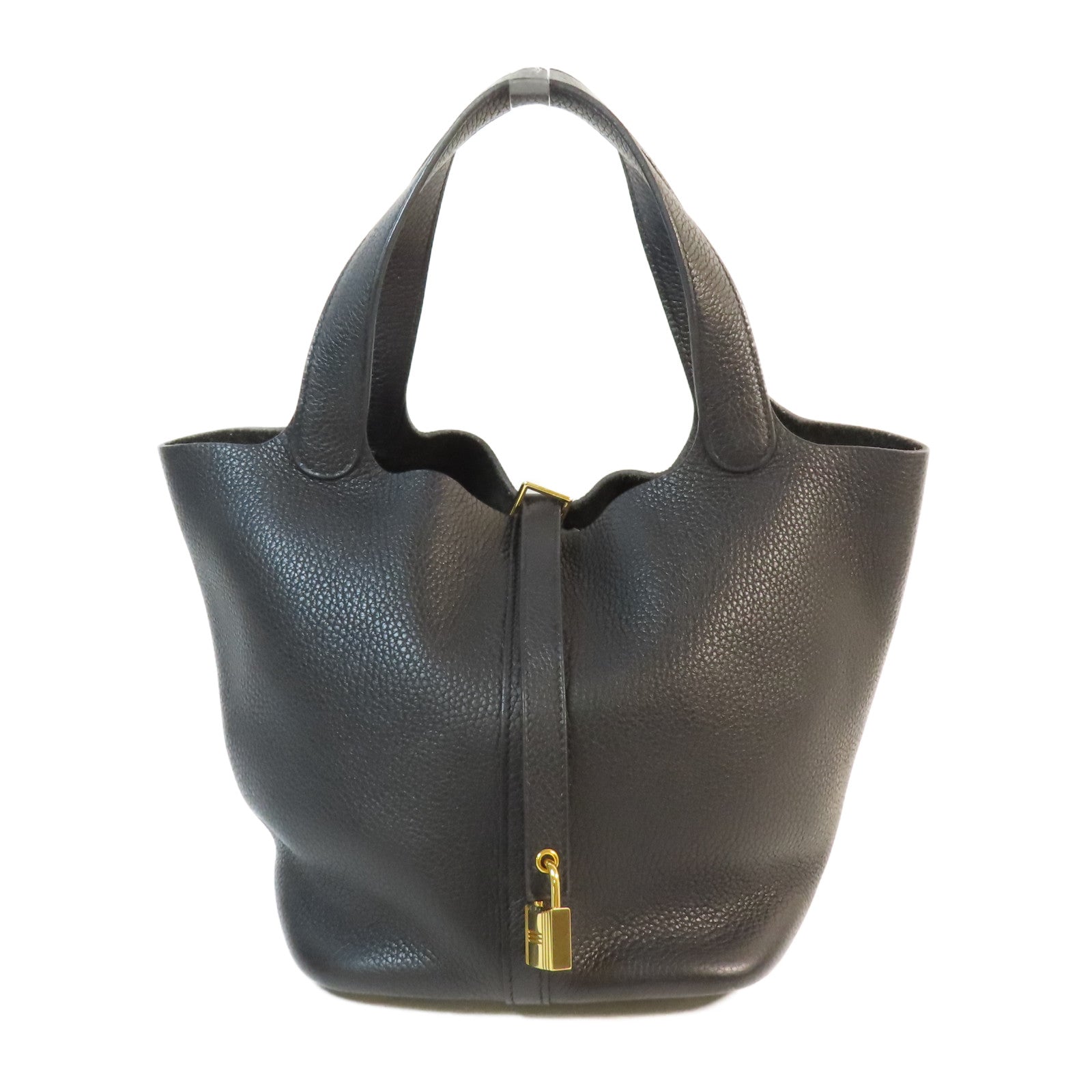 HERMES Clemence皮革Picotin MM金扣手挽袋Noir