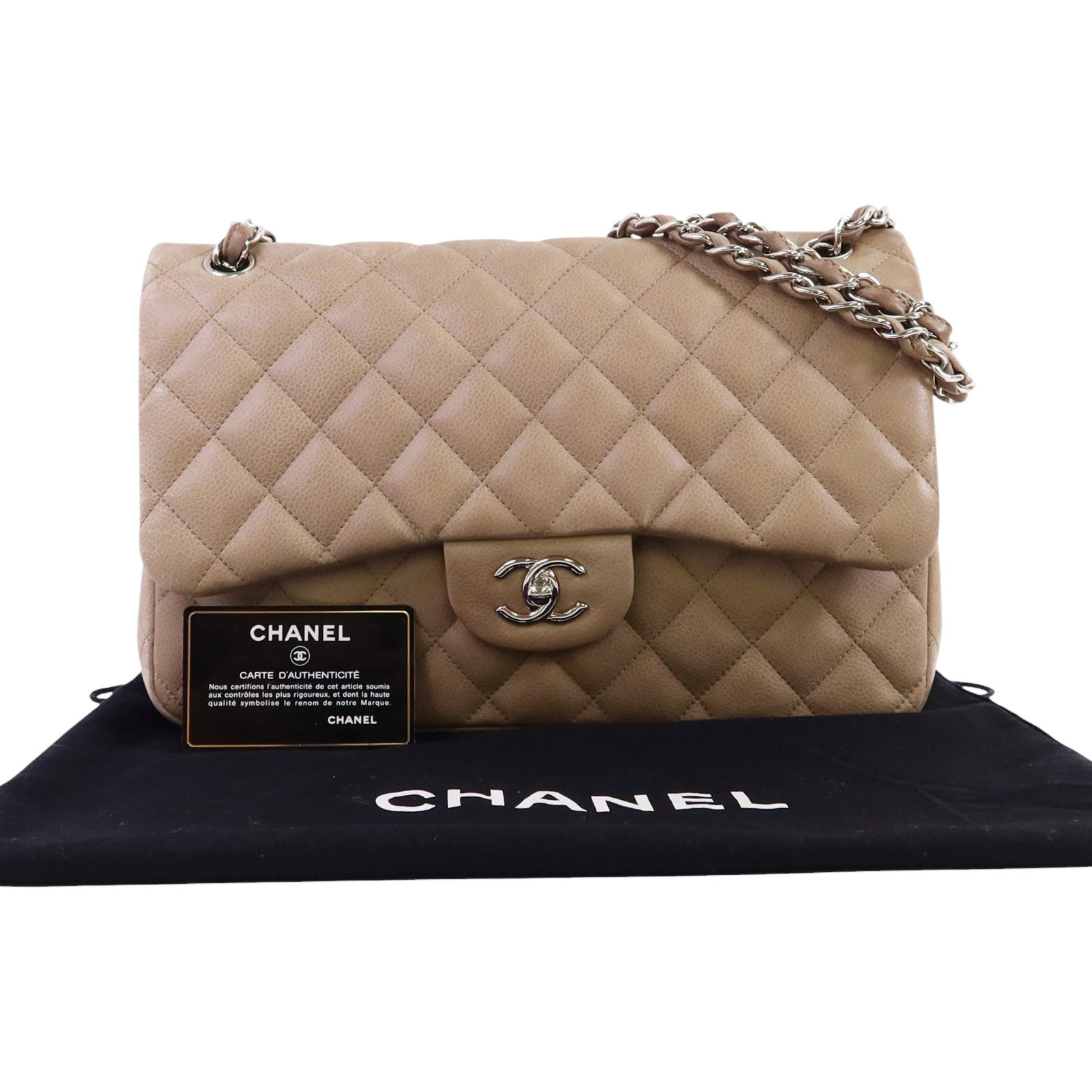 CHANEL 牛皮皮革Large Classic銀扣鏈帶肩背袋