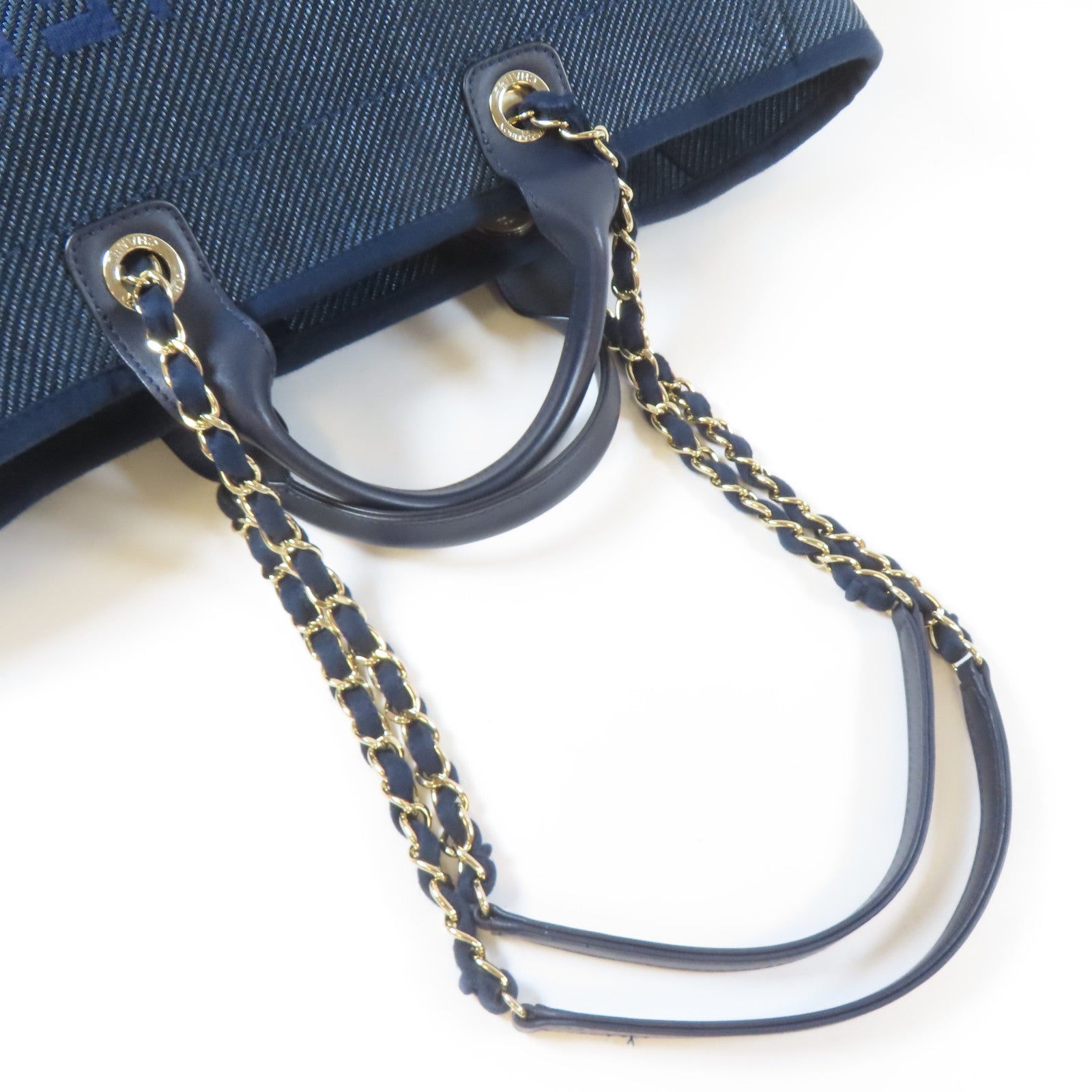 CHANEL 【激減優惠】帆布Deauville Tote 2 Way Chain Shoulder Bag金扣鏈帶手挽肩背兩用袋深藍色