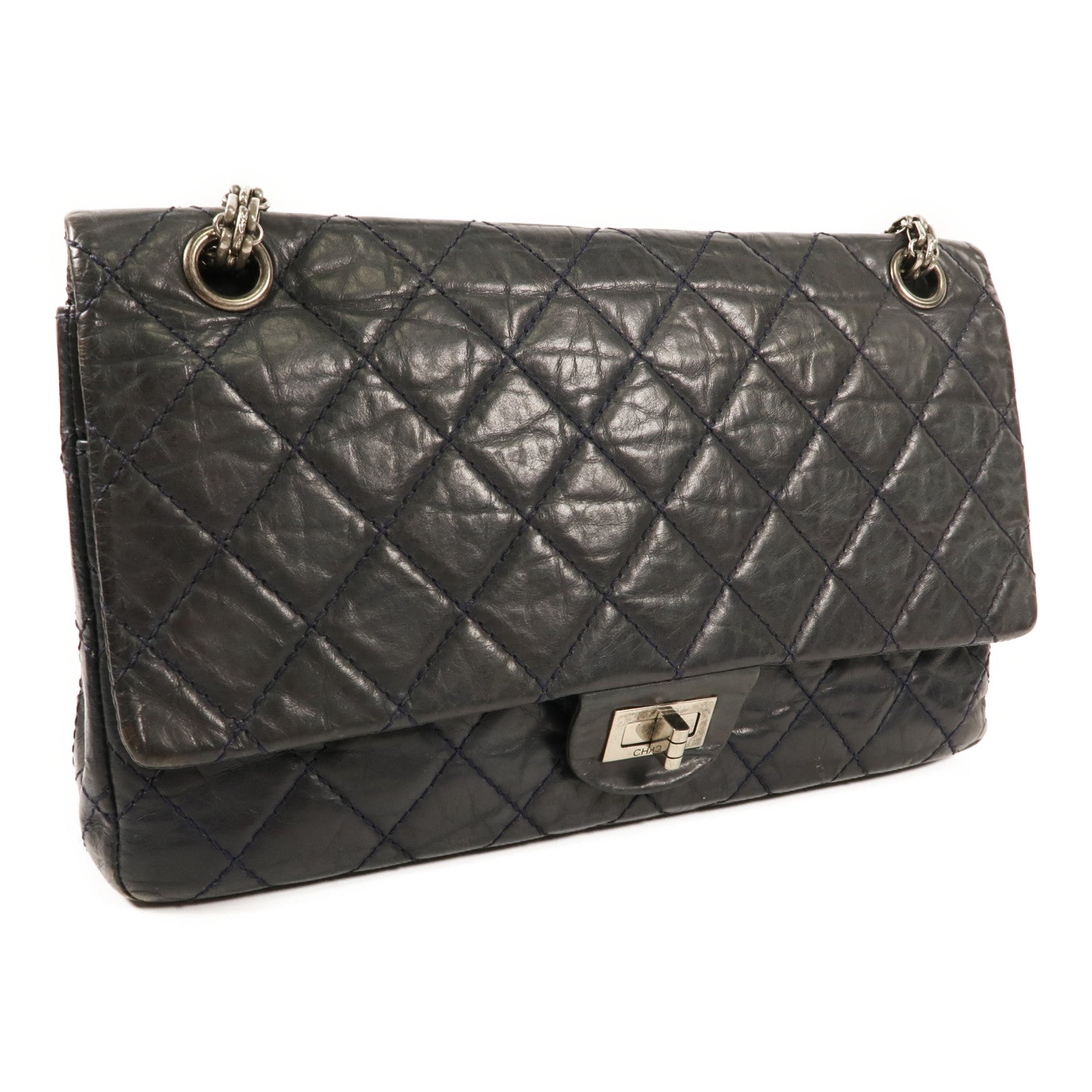 CHANEL CC SHW 2.55 Medium Chain Shoulder Bag Calfskin Leather Dark Navy