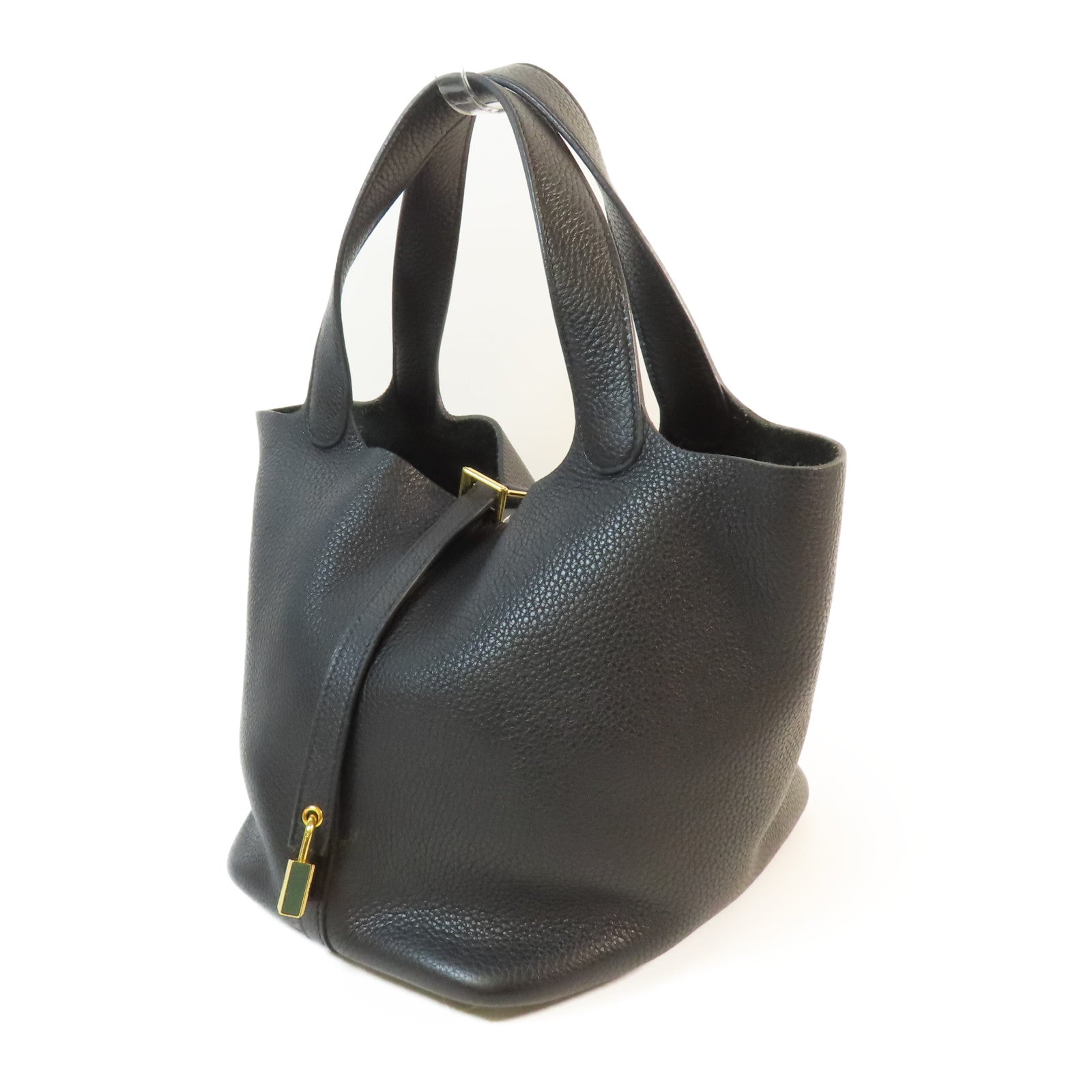 HERMES Clemence皮革Picotin MM金扣手挽袋Noir