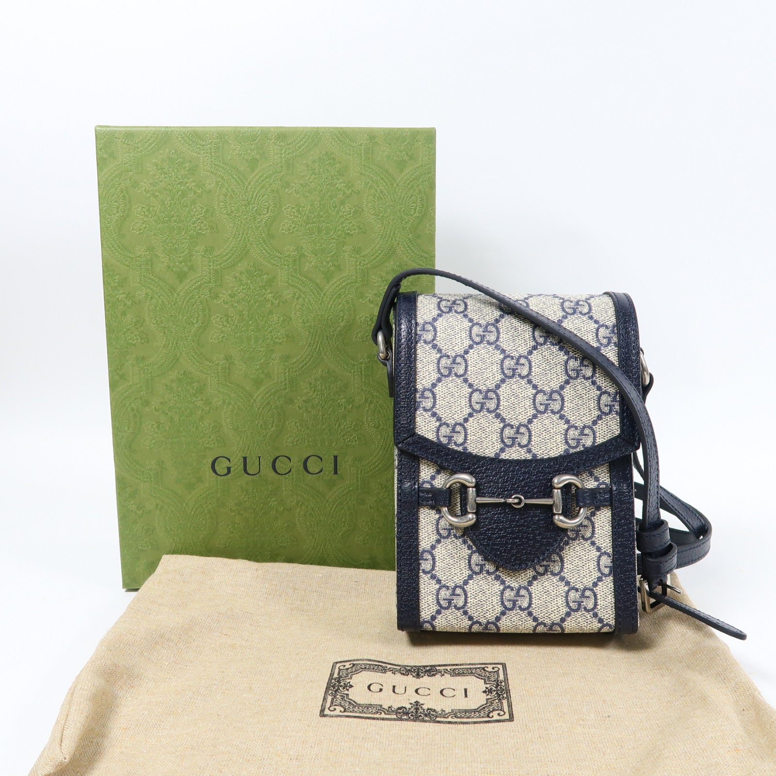 GUCCI 【激減優惠】塗層帆布Horsebit 1955銀扣肩背袋深藍色/米色