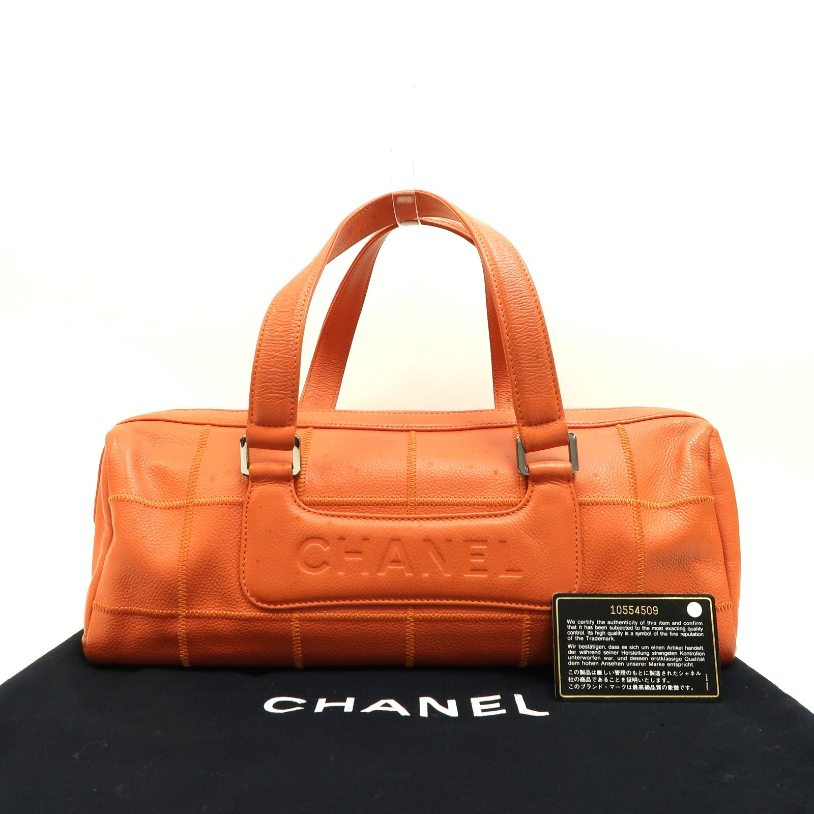 CHANEL 【激減優惠】Caviar皮革Boston Bag銀扣手挽袋橙色