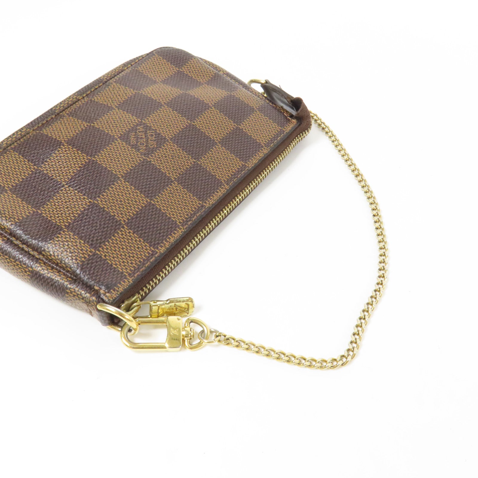 LOUIS VUITTON Damier Mini Pochette金扣鏈帶手挽袋