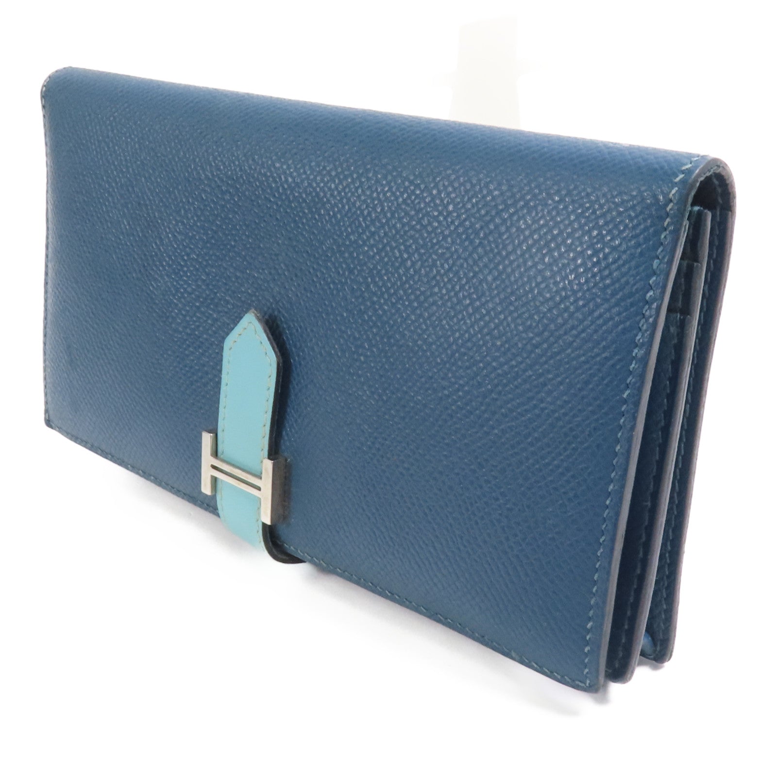 HERMES Epson皮革Bearn Long Wallet銀扣長錢包Colvert/Bleu St Cyr