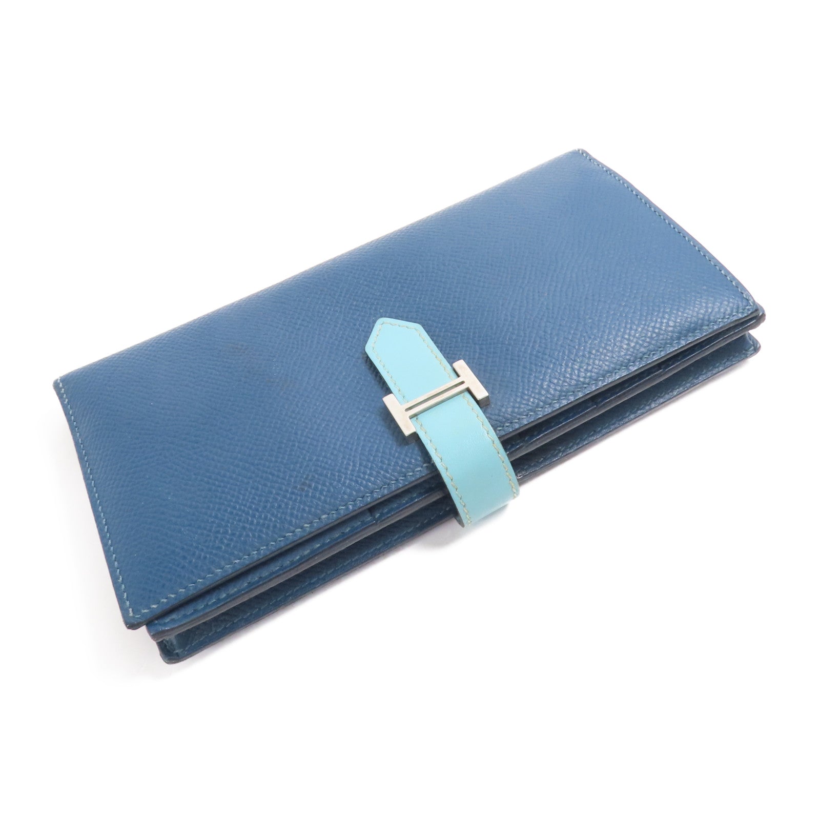 HERMES Epson皮革Bearn Long Wallet銀扣長錢包Colvert/Bleu St Cyr