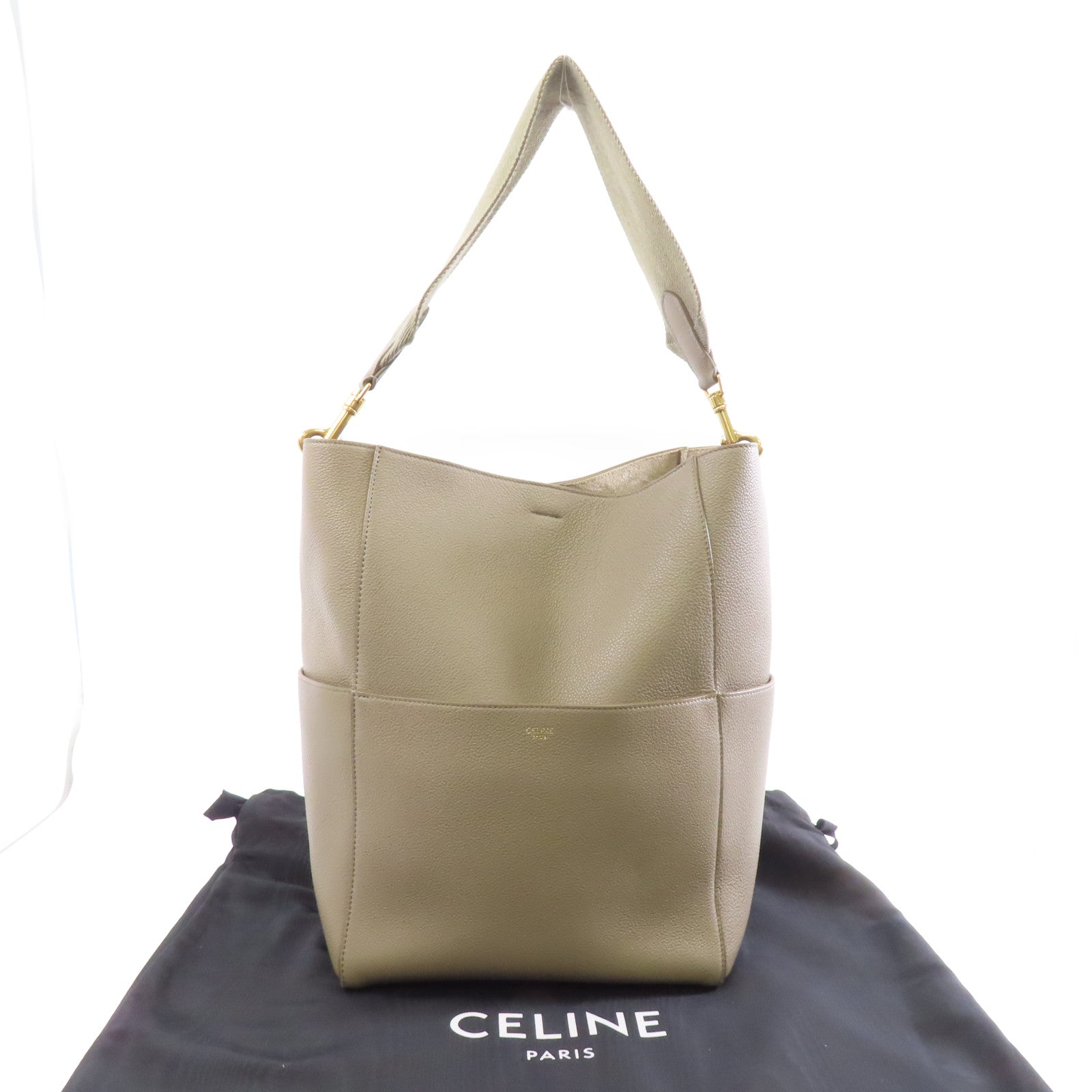 CELINE 牛皮皮革Sangle Bag金扣肩背袋灰色