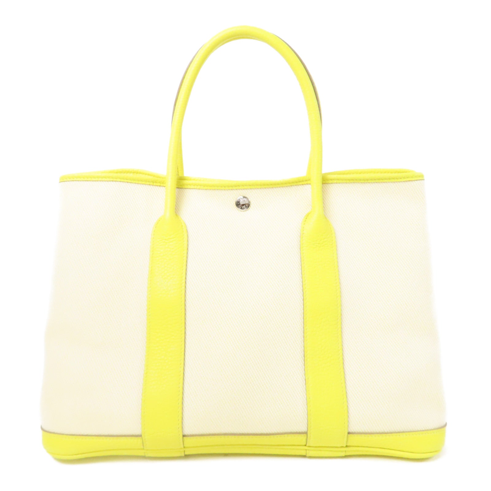 HERMES Toile H帆布Garden Party PM銀扣手挽袋黃色