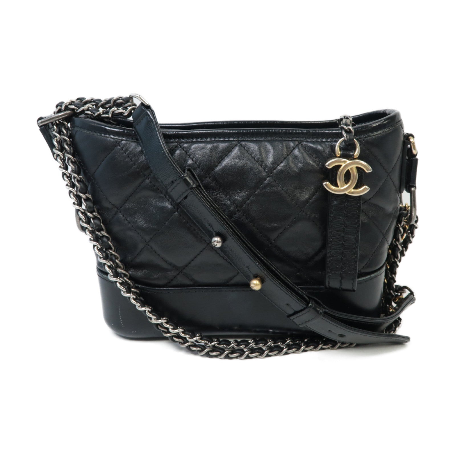 CHANEL 【激減優惠】菱格牛皮皮革Gabrielle金扣/銀扣鏈帶肩背袋黑色