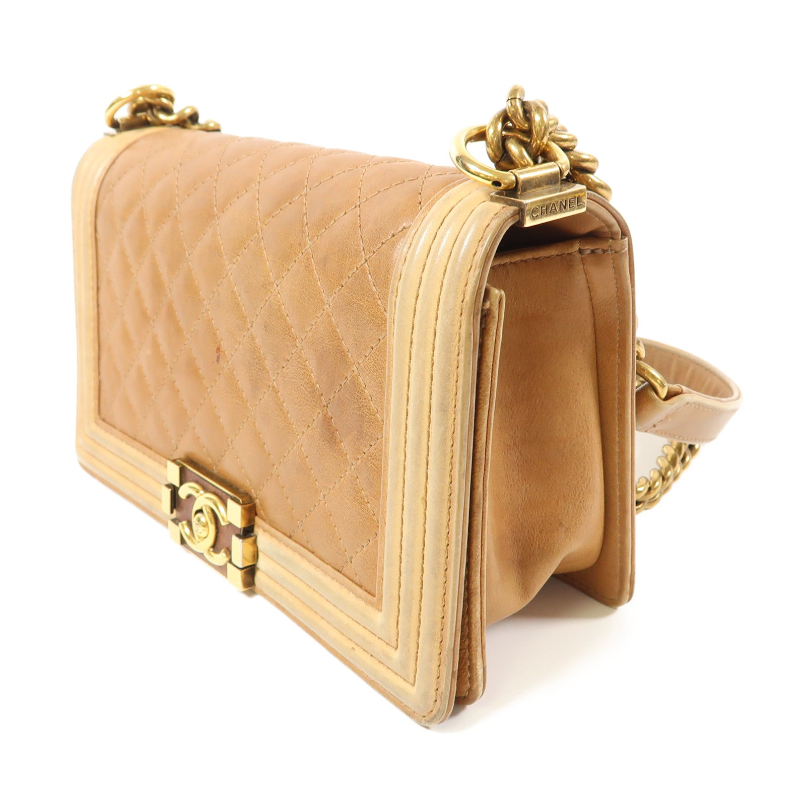 CHANEL 皮革Boy 25金扣鏈帶肩背袋