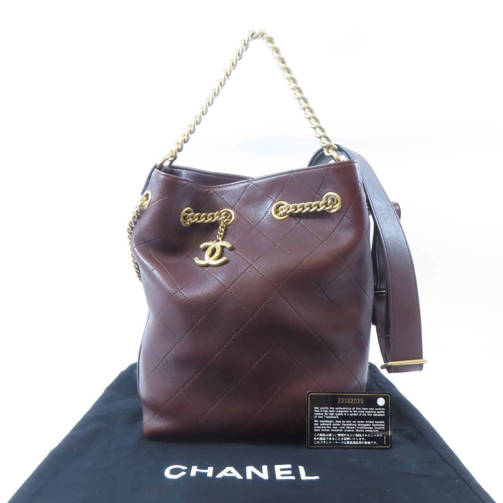 CHANEL 【激減優惠】菱格牛皮皮革Bucket Totebag金扣鏈帶手挽肩背兩用袋啡色
