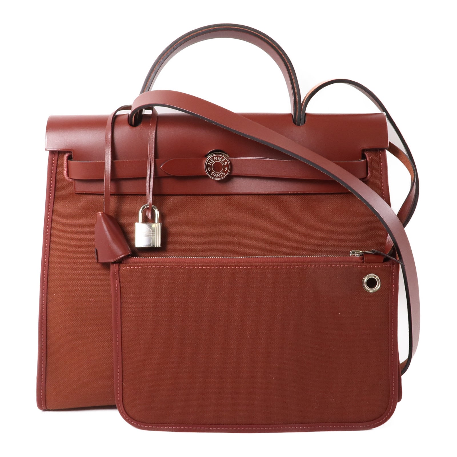 HERMES 帆布/皮革Herbag PM銀扣手挽肩背兩用袋Rouge Grenat