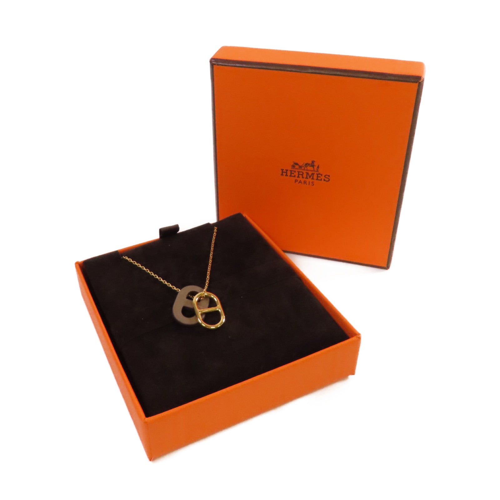 HERMES 金屬/Swift皮革Chaine D'Ancre Necklace項鏈金色/大象灰色