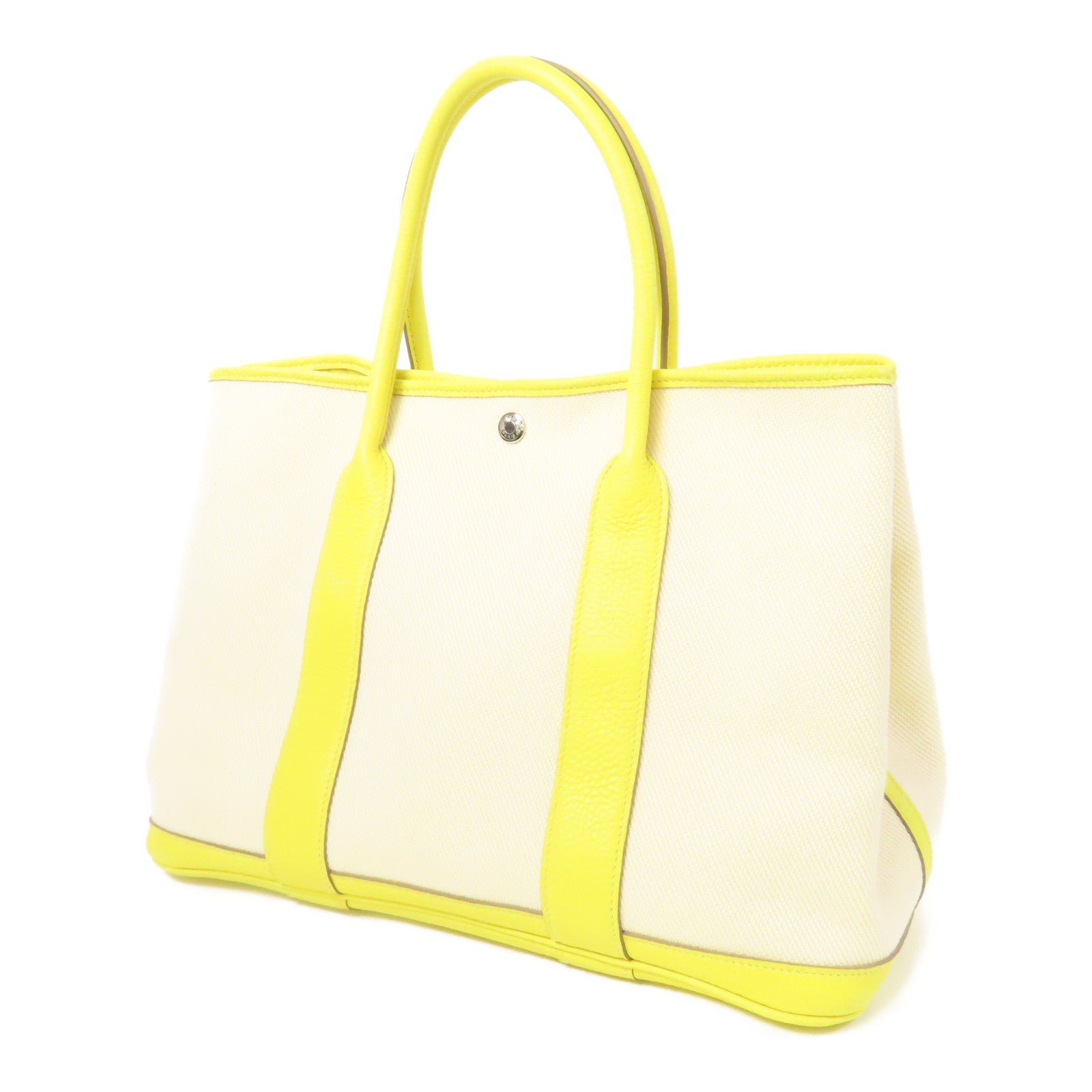 HERMES Toile H帆布Garden Party PM銀扣手挽袋黃色