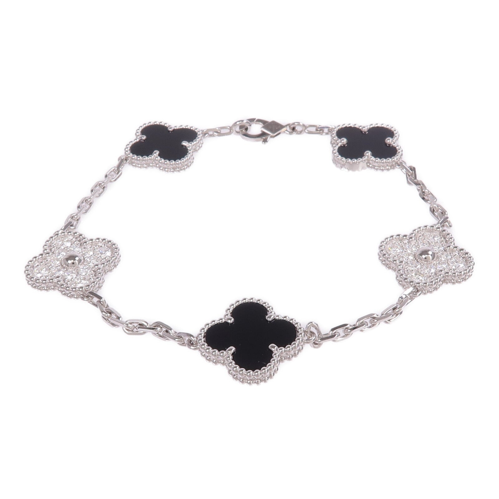 Van Cleef & Arpels 18K白金Vintage Alhambra Bracelet 5 Motifs縞瑪瑙/鑽石手鏈