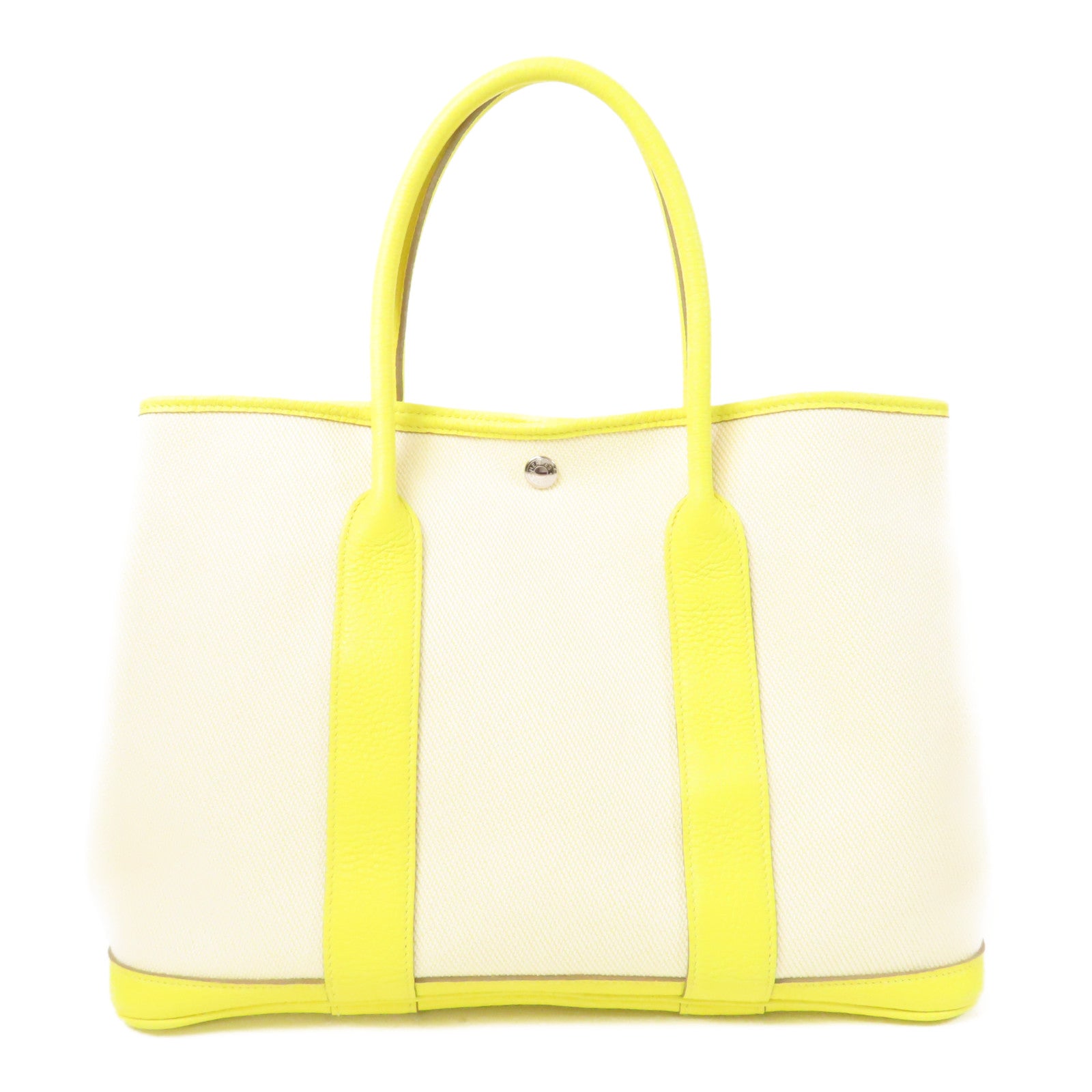 HERMES Toile H帆布Garden Party PM銀扣手挽袋黃色