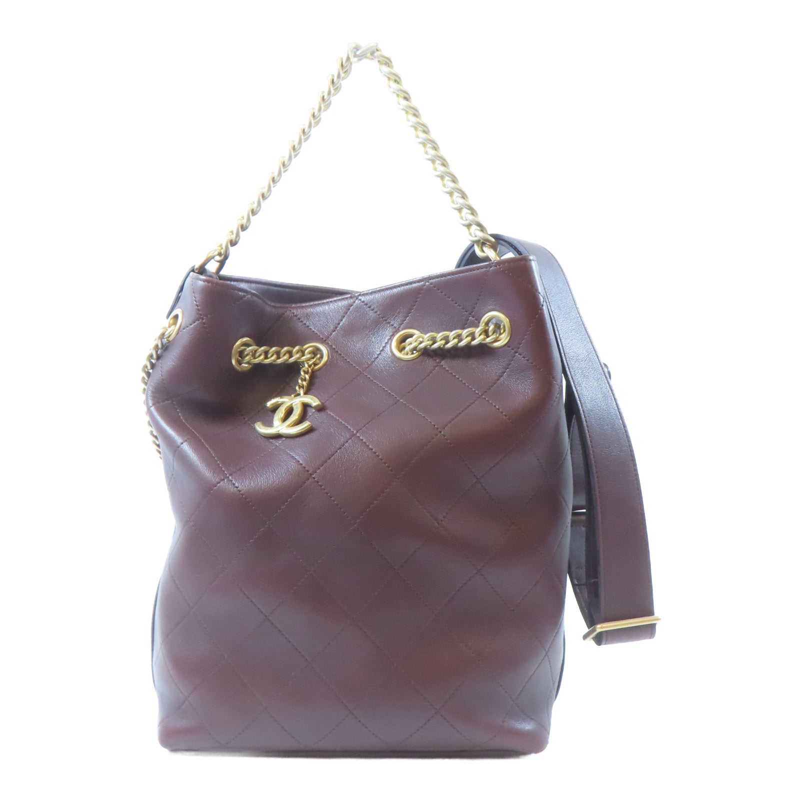 CHANEL 【激減優惠】菱格牛皮皮革Bucket Totebag金扣鏈帶手挽肩背兩用袋啡色