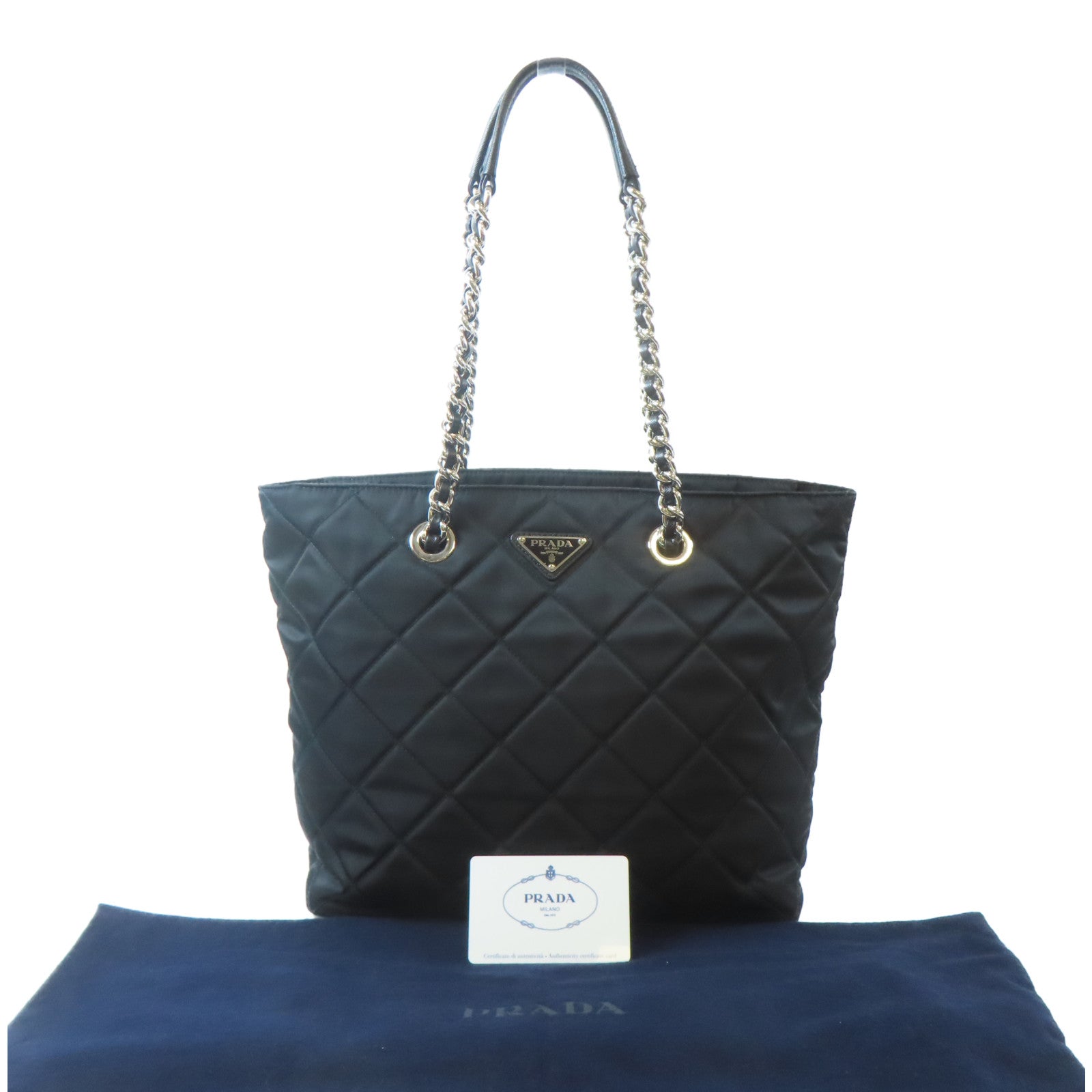PRADA 尼龍Tote Bag銀扣鏈帶肩背袋黑色