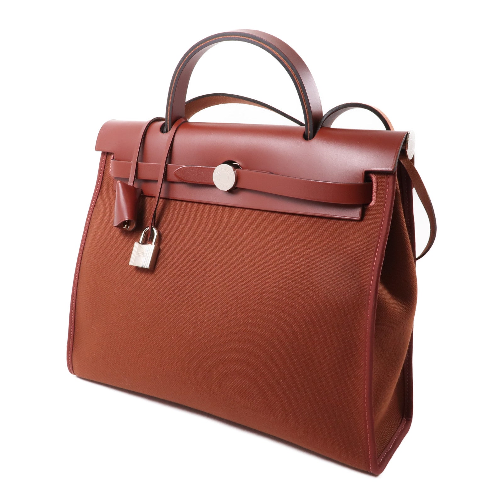 HERMES 帆布/皮革Herbag PM銀扣手挽肩背兩用袋Rouge Grenat