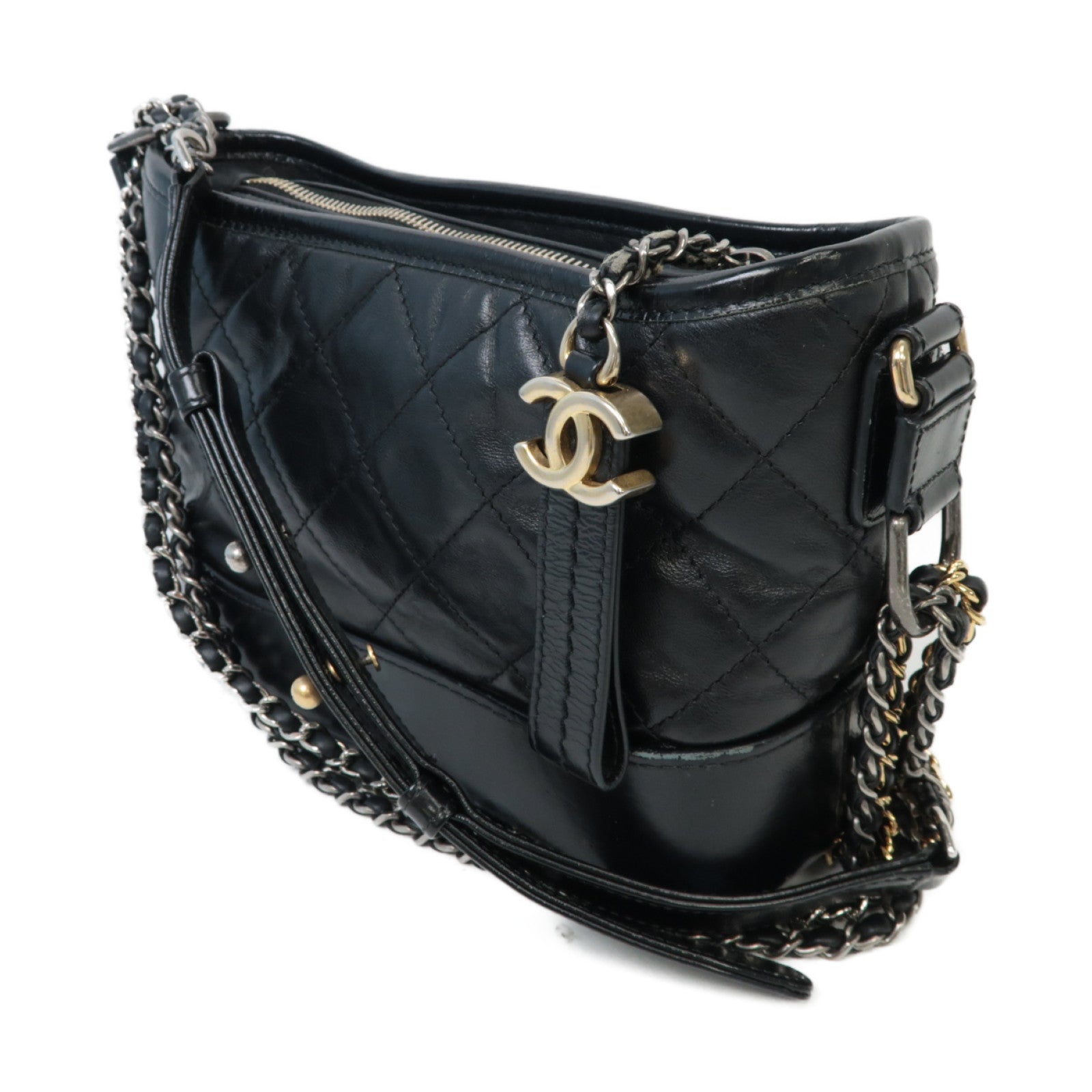 CHANEL 【激減優惠】菱格牛皮皮革Gabrielle金扣/銀扣鏈帶肩背袋黑色