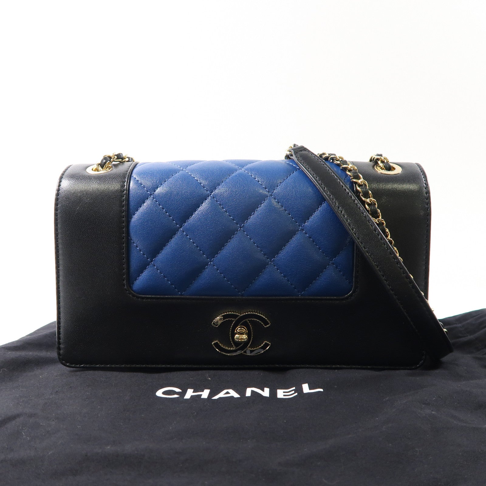 CHANEL 【激減優惠】菱格牛皮皮革Shoulder Bag金扣鏈帶肩背袋黑色/藍色