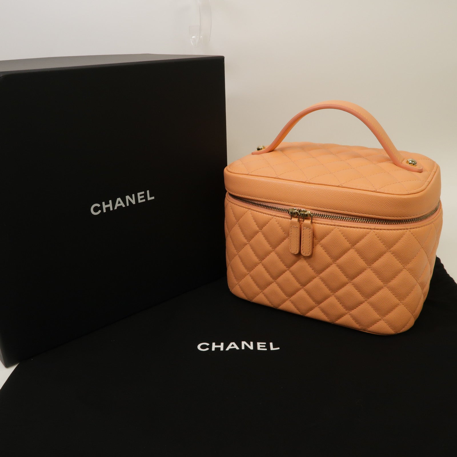 CHANEL 【激減優惠】菱格Caviar皮革Vanity Case銀扣化妝箱手袋橙色