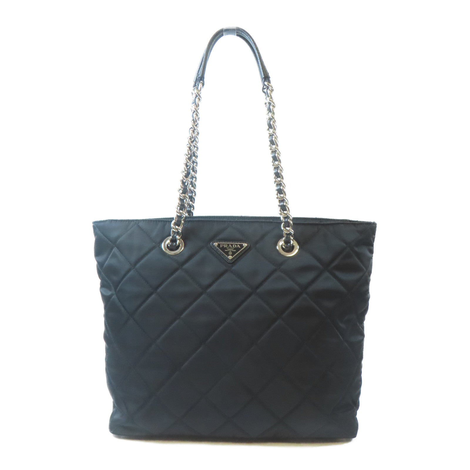 PRADA 尼龍Tote Bag銀扣鏈帶肩背袋黑色