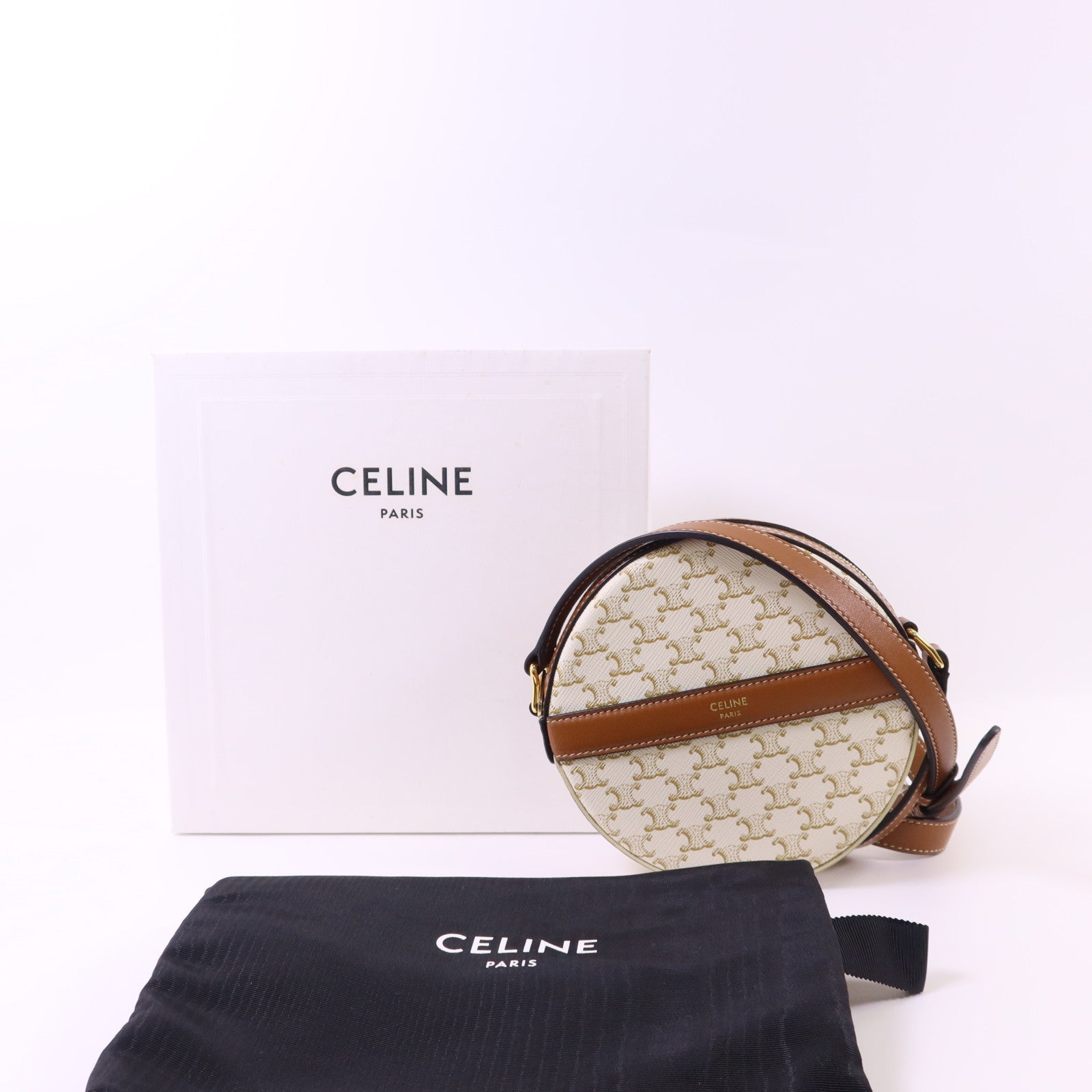 CELINE 【激減優惠】塗層帆布Triomphe Round Shoulder Bag金扣肩背袋