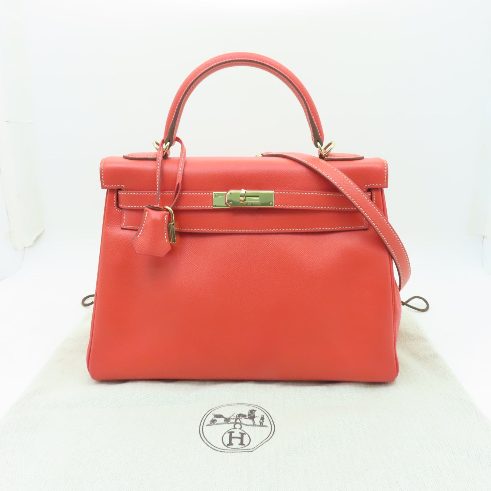 HERMES 【激減優惠】Epsom皮革Kelly 32金扣手挽肩背兩用袋Crevette粉紅色