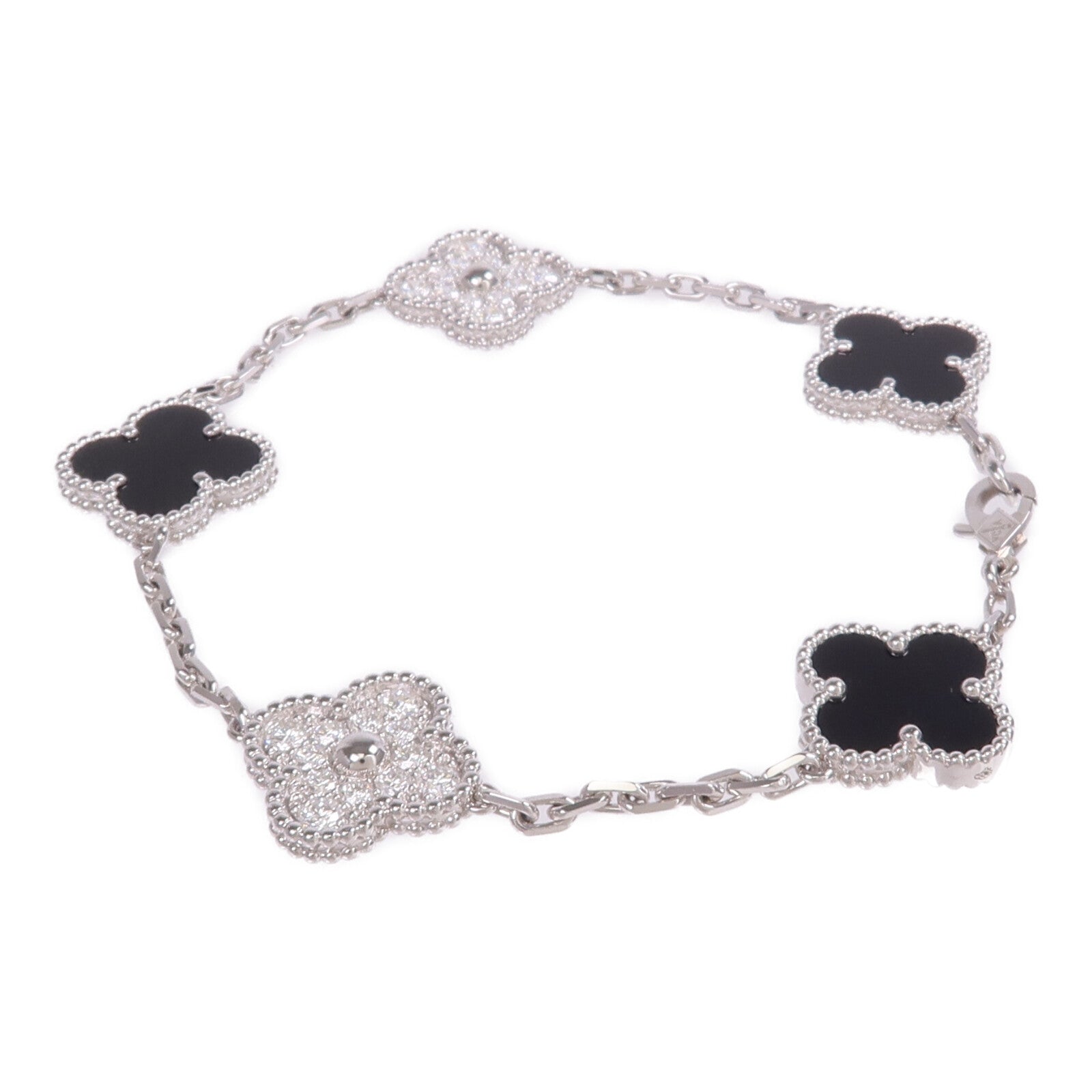 Van Cleef & Arpels 18K白金Vintage Alhambra Bracelet 5 Motifs縞瑪瑙/鑽石手鏈