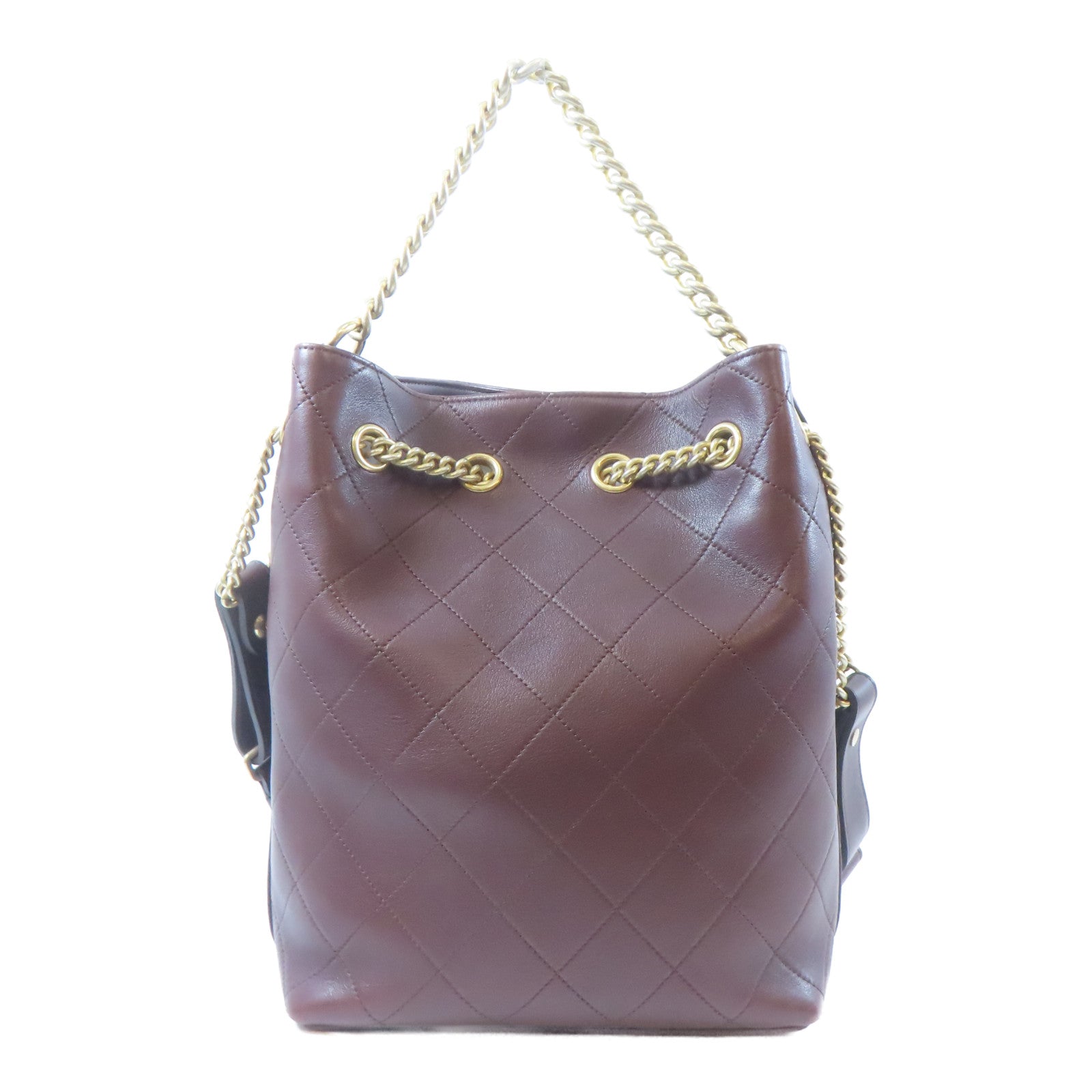 CHANEL 【激減優惠】菱格牛皮皮革Bucket Totebag金扣鏈帶手挽肩背兩用袋啡色