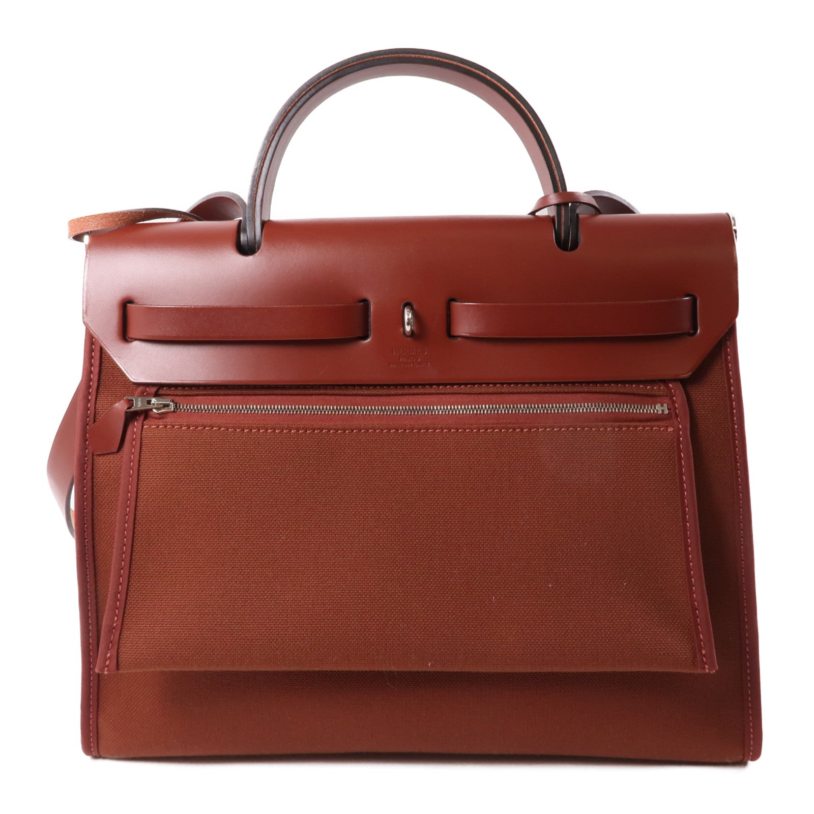 HERMES 帆布/皮革Herbag PM銀扣手挽肩背兩用袋Rouge Grenat