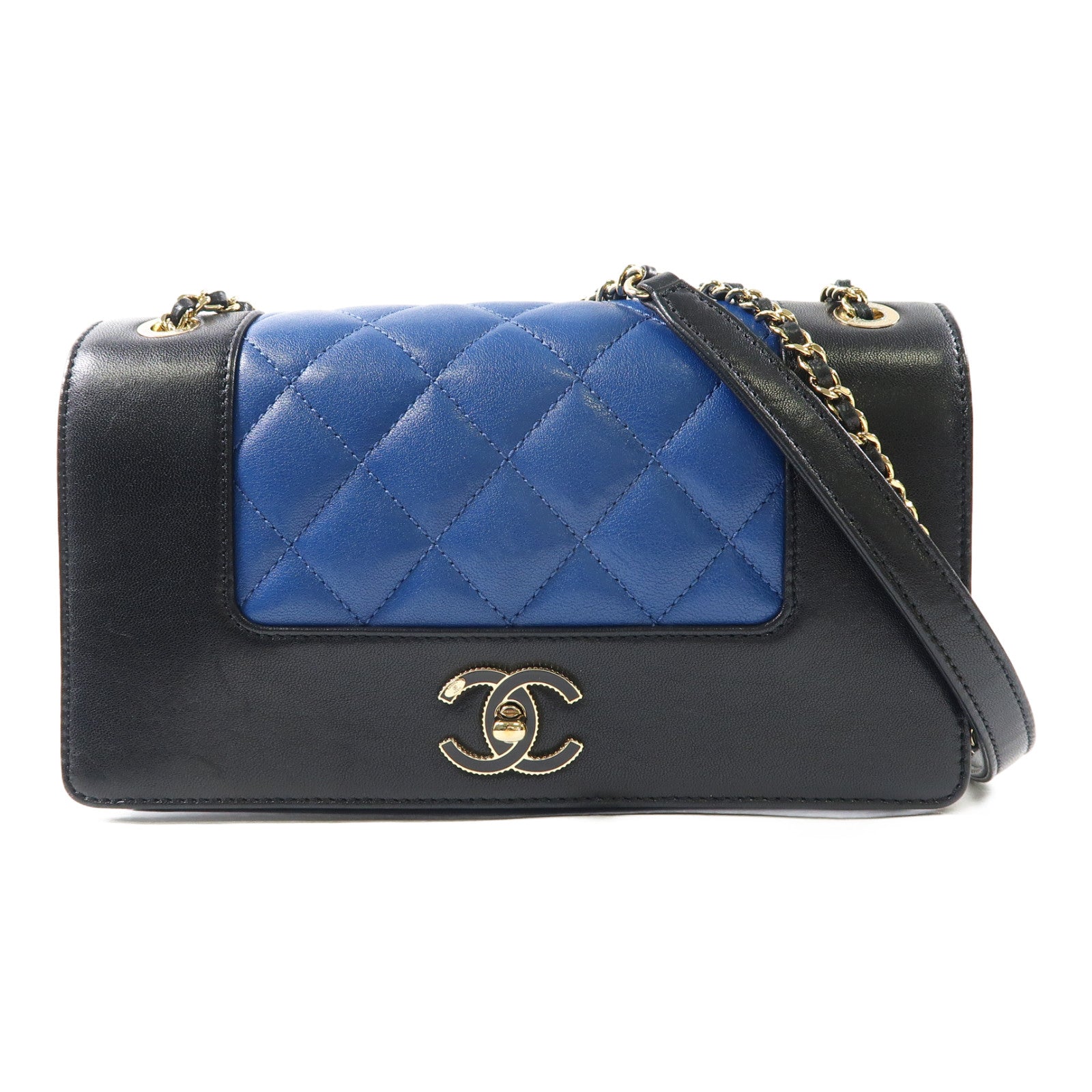 CHANEL 【激減優惠】菱格牛皮皮革Shoulder Bag金扣鏈帶肩背袋黑色/藍色