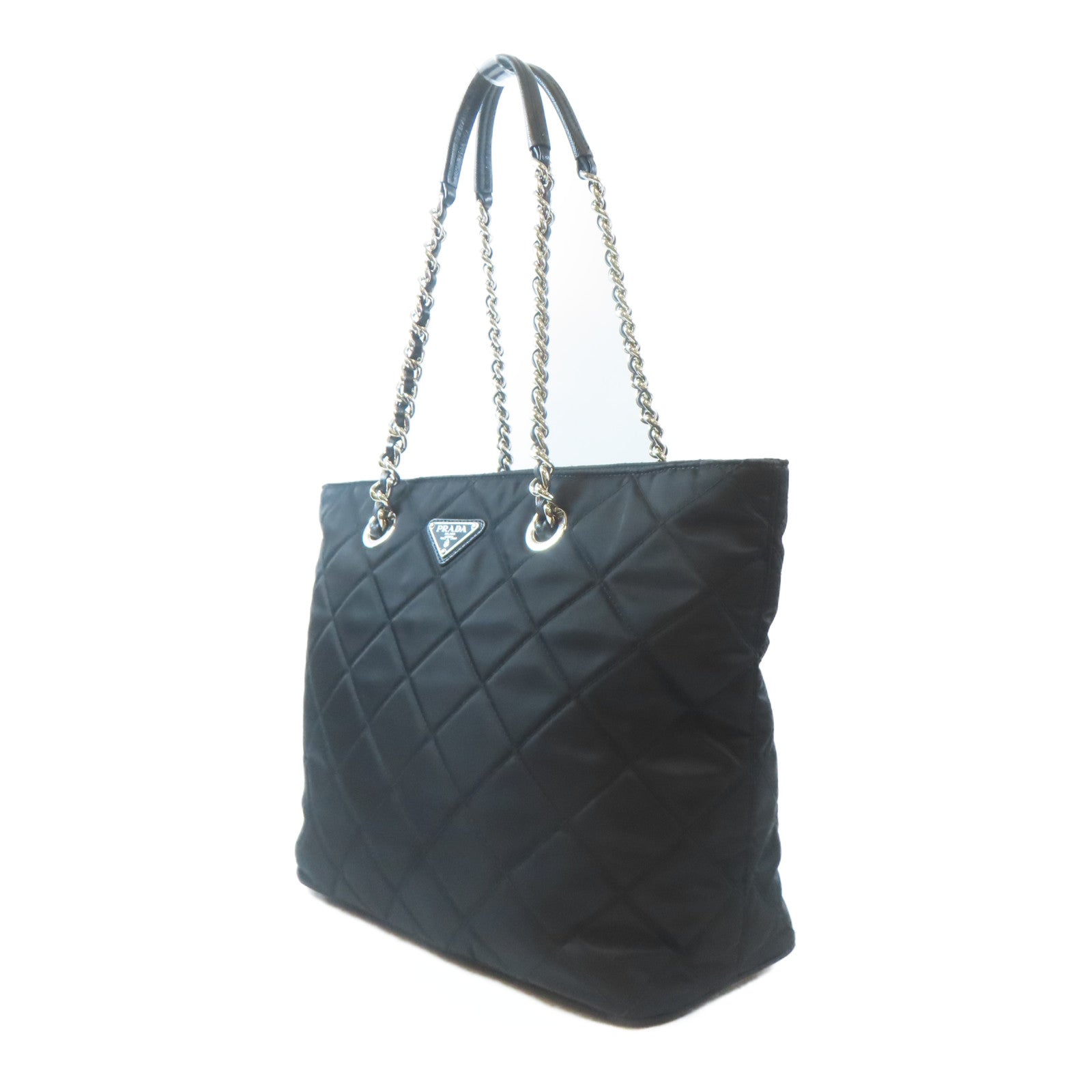 PRADA 尼龍Tote Bag銀扣鏈帶肩背袋黑色