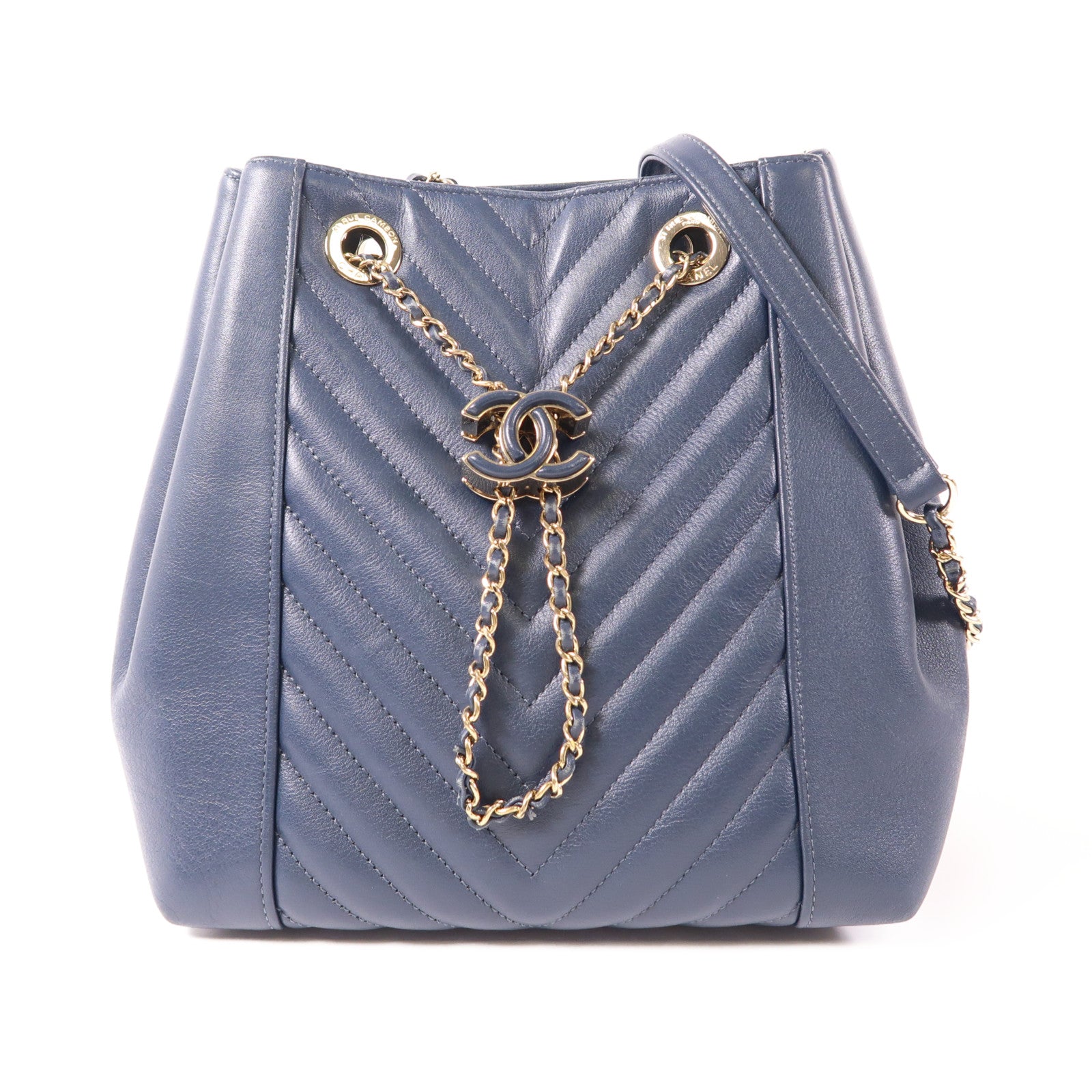 CHANEL 皮革Drawstring Bag金扣鏈帶肩背袋