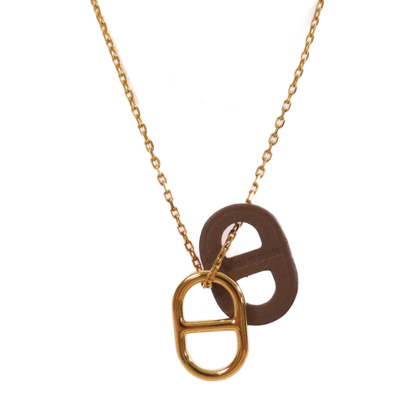 HERMES 金屬/Swift皮革Chaine D'Ancre Necklace項鏈金色/大象灰色