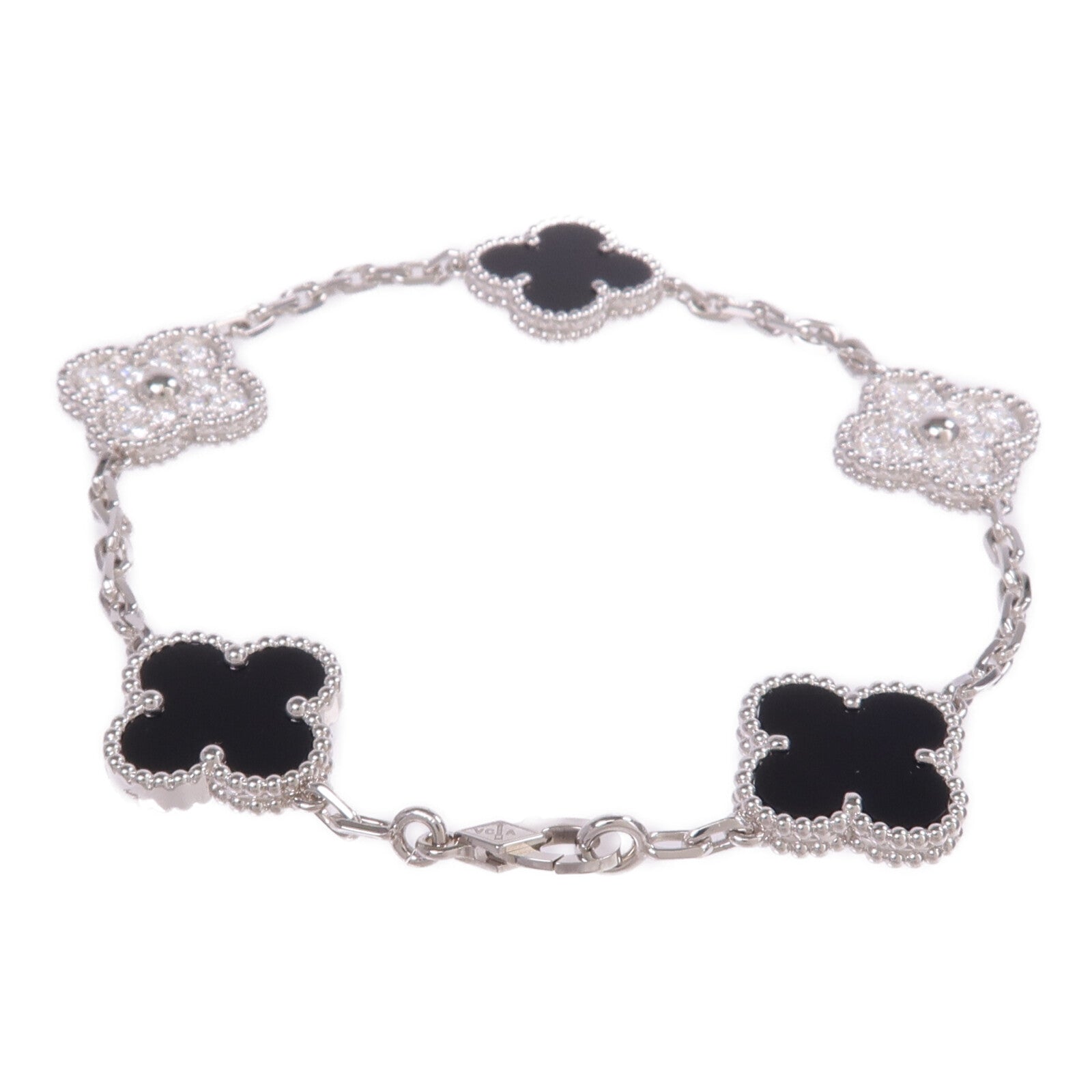 Van Cleef & Arpels 18K白金Vintage Alhambra Bracelet 5 Motifs縞瑪瑙/鑽石手鏈