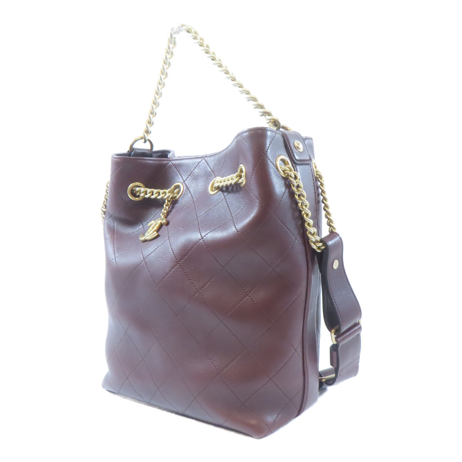 CHANEL 【激減優惠】菱格牛皮皮革Bucket Totebag金扣鏈帶手挽肩背兩用袋啡色