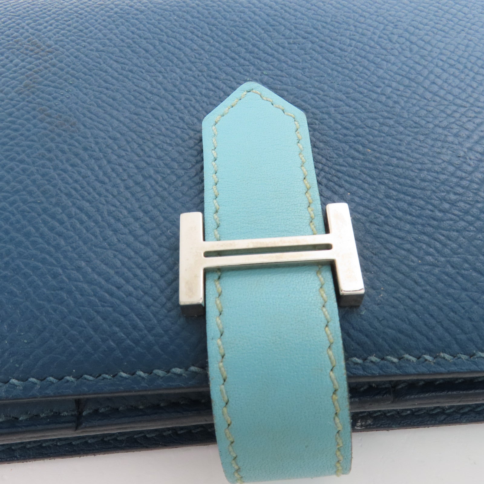 HERMES 【激減優惠】Epson皮革Bearn Long Wallet銀扣長錢包Colvert/Bleu St Cyr