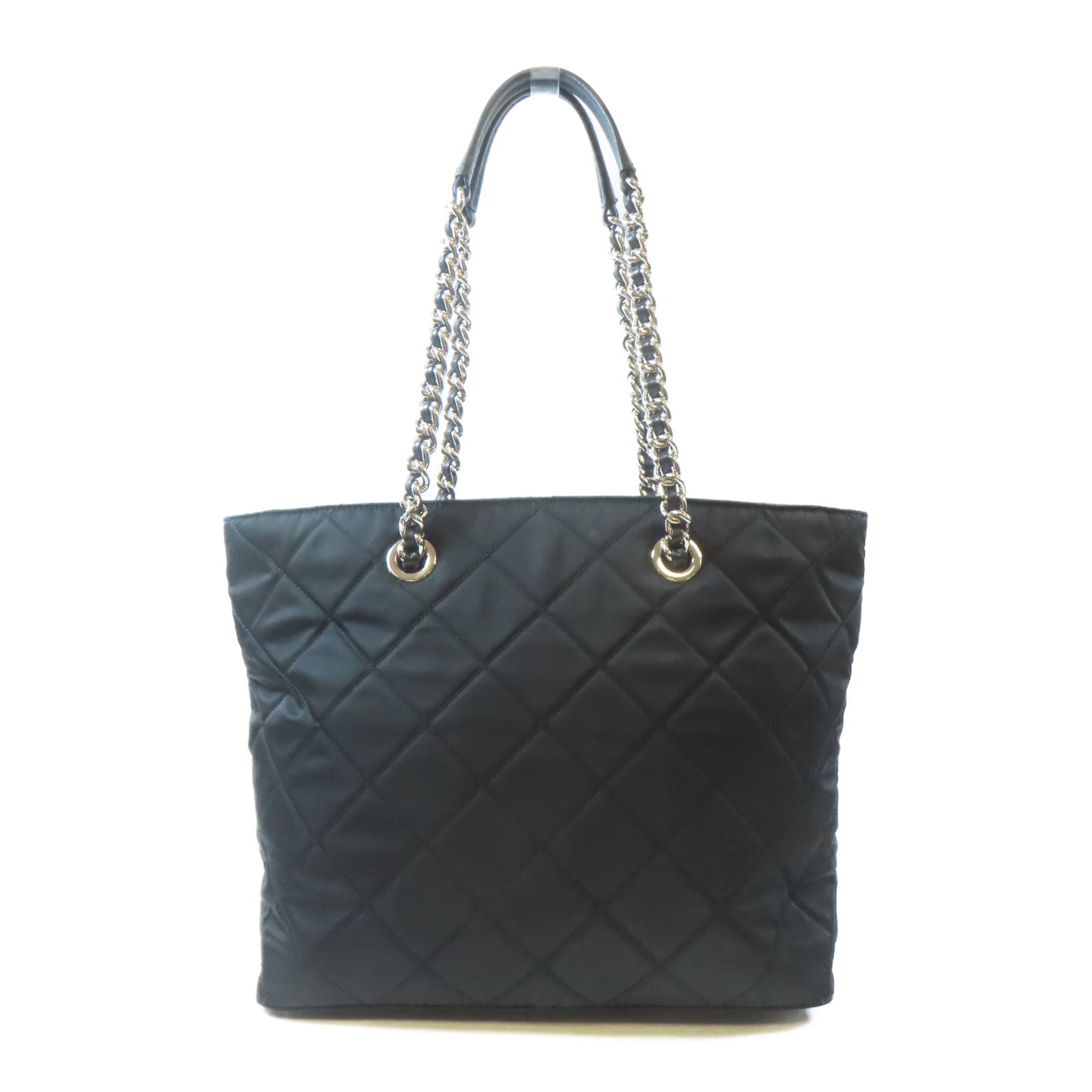 PRADA 尼龍Tote Bag銀扣鏈帶肩背袋黑色