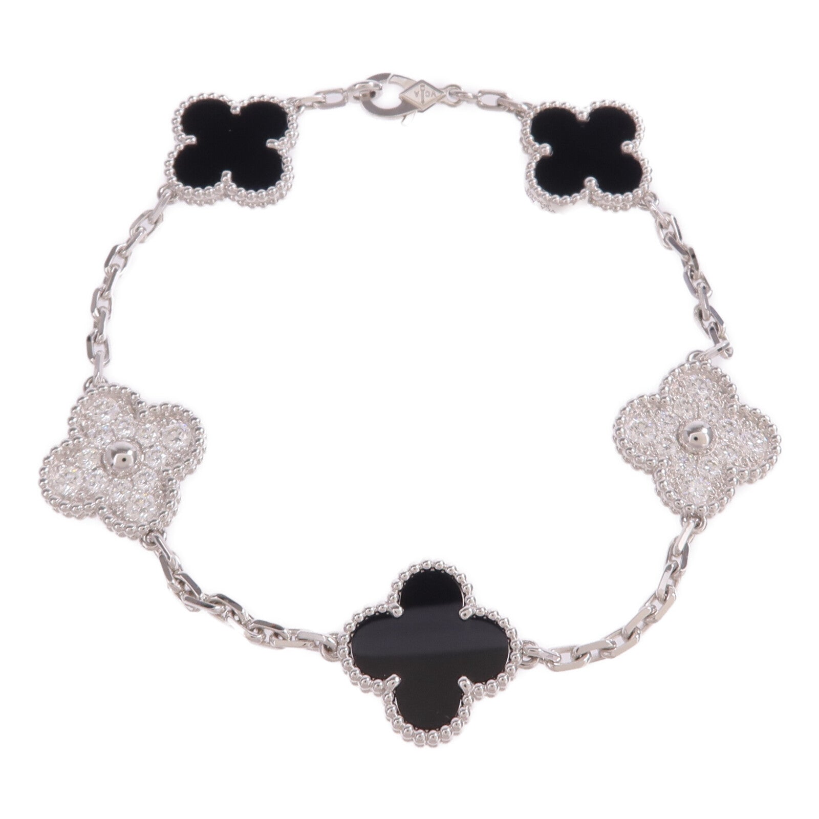 Van Cleef & Arpels 18K白金Vintage Alhambra Bracelet 5 Motifs縞瑪瑙/鑽石手鏈
