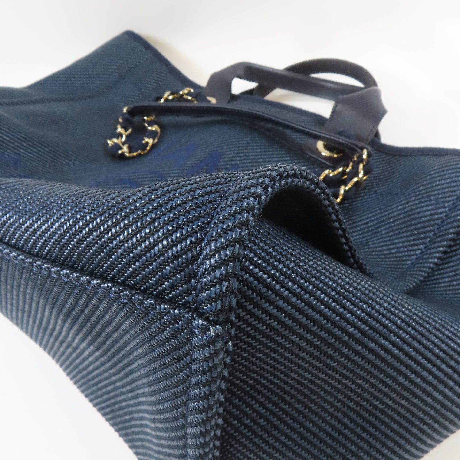 CHANEL 【激減優惠】帆布Deauville Tote 2 Way Chain Shoulder Bag金扣鏈帶手挽肩背兩用袋深藍色