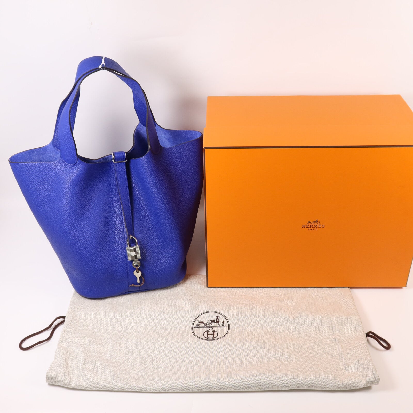 HERMES Clemence皮革Picotin GM銀扣手挽袋Bleu Electrique