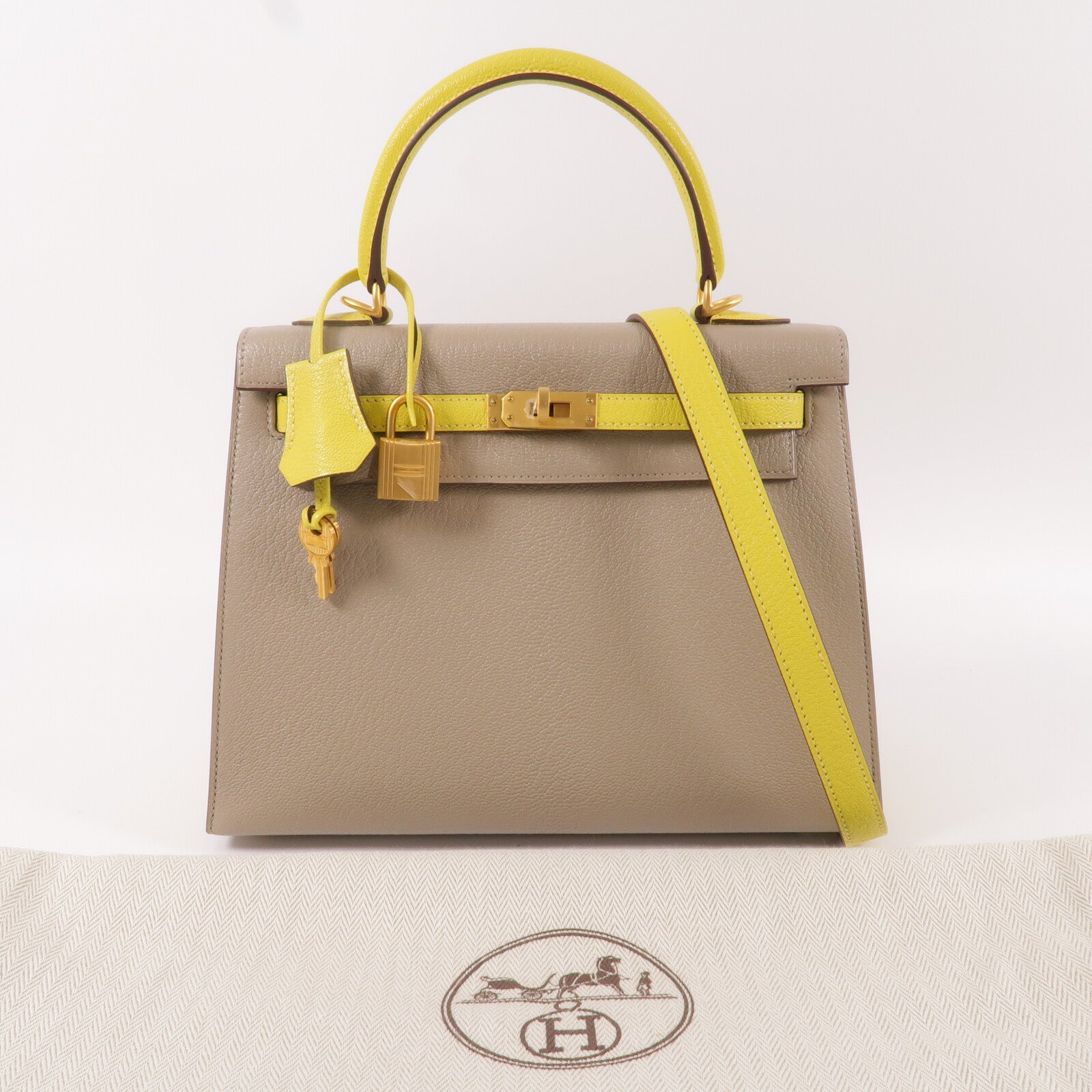 HERMES Chevre皮革Kelly 25手挽肩背兩用袋Gris Asphalte/Lime