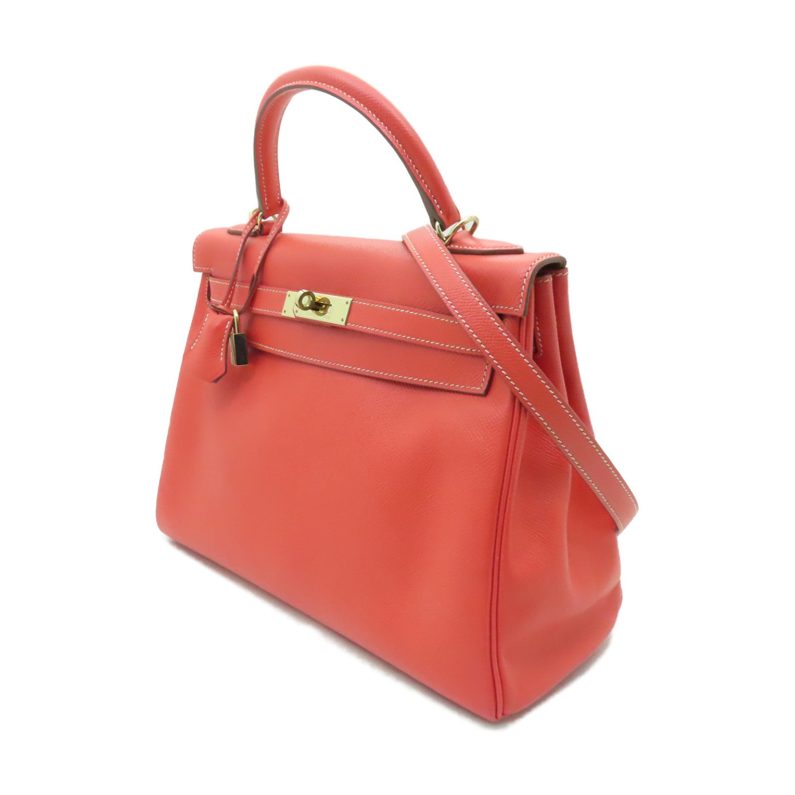 HERMES 【激減優惠】Epsom皮革Kelly 32金扣手挽肩背兩用袋Crevette粉紅色
