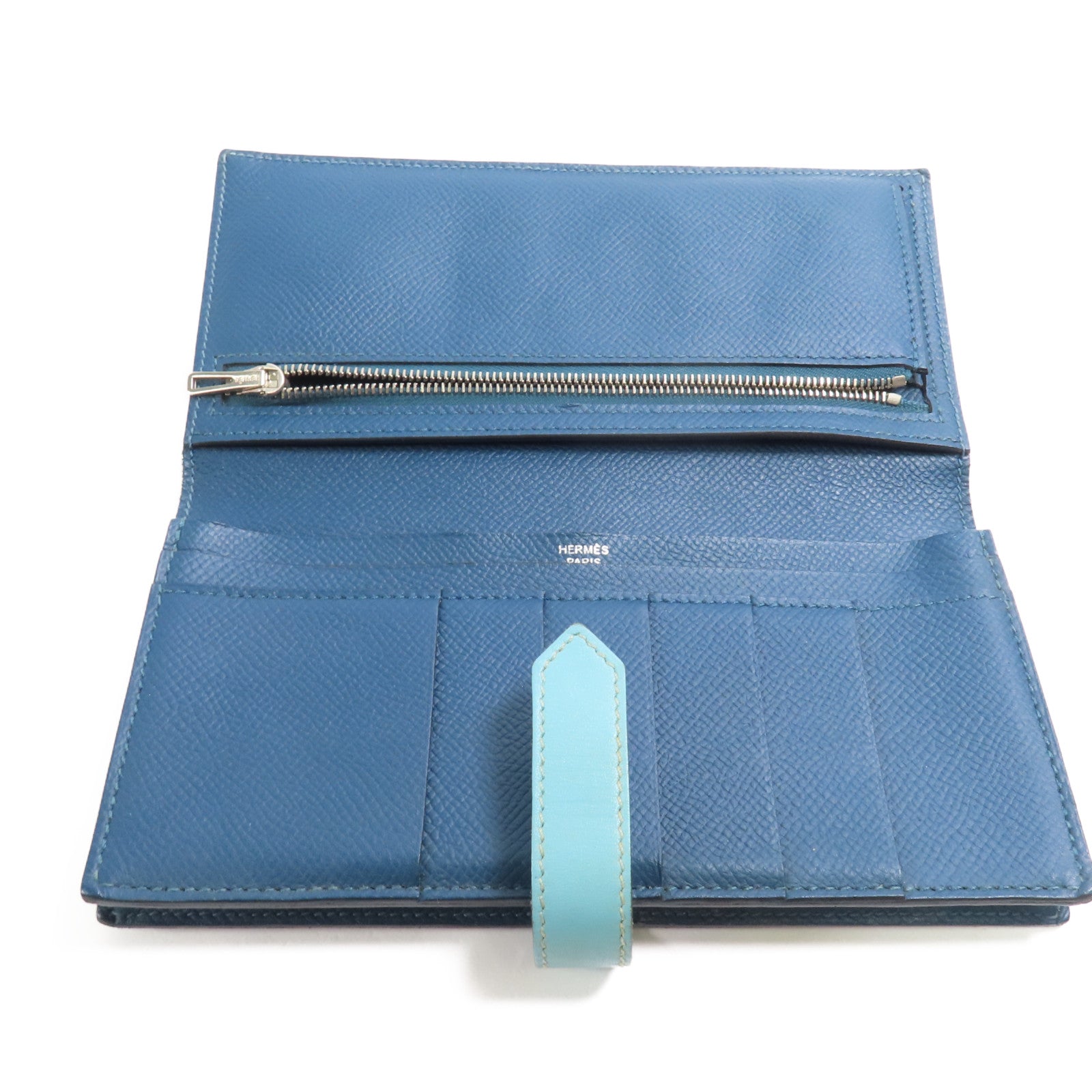 HERMES Epson皮革Bearn Long Wallet銀扣長錢包Colvert/Bleu St Cyr