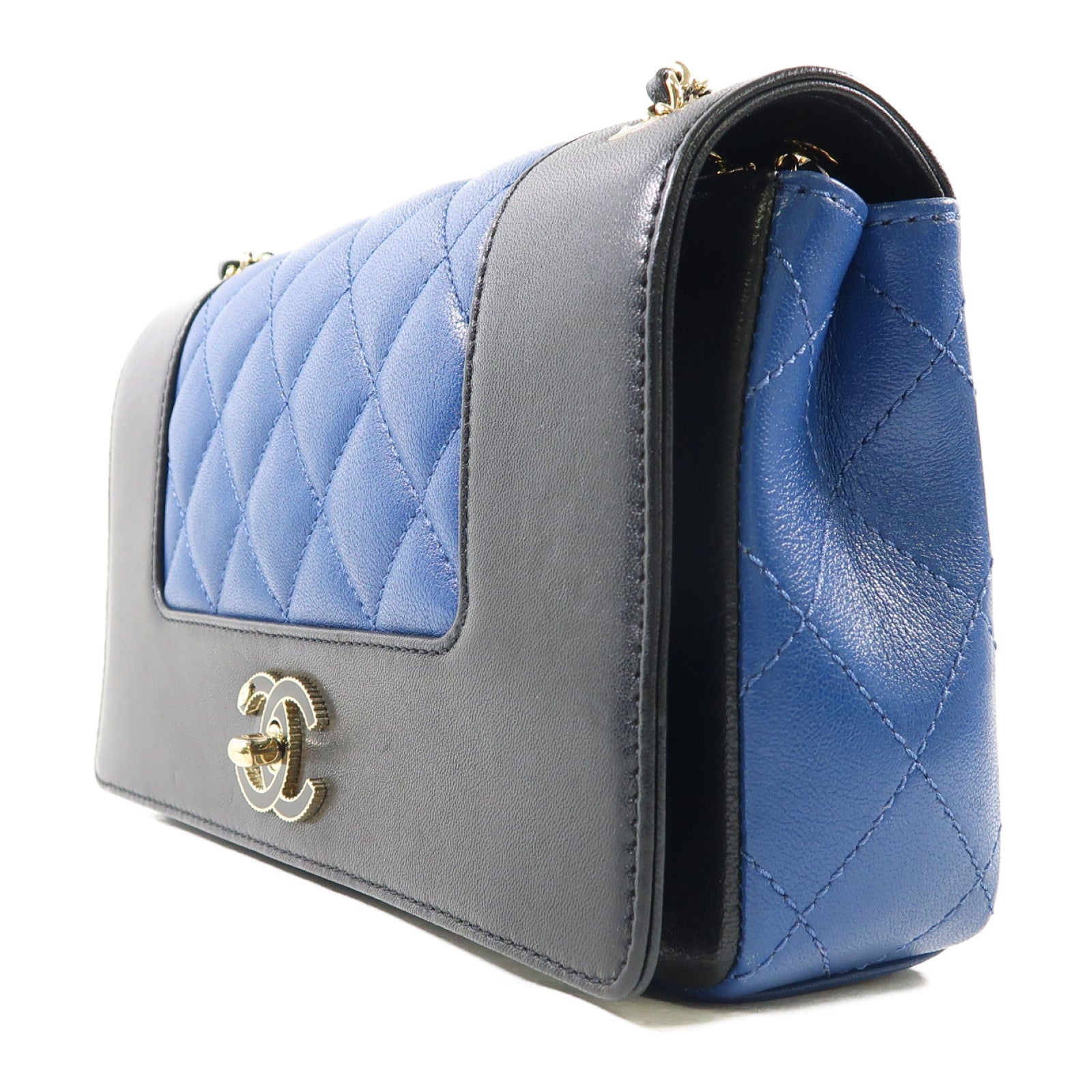 CHANEL 【激減優惠】菱格牛皮皮革Shoulder Bag金扣鏈帶肩背袋黑色/藍色