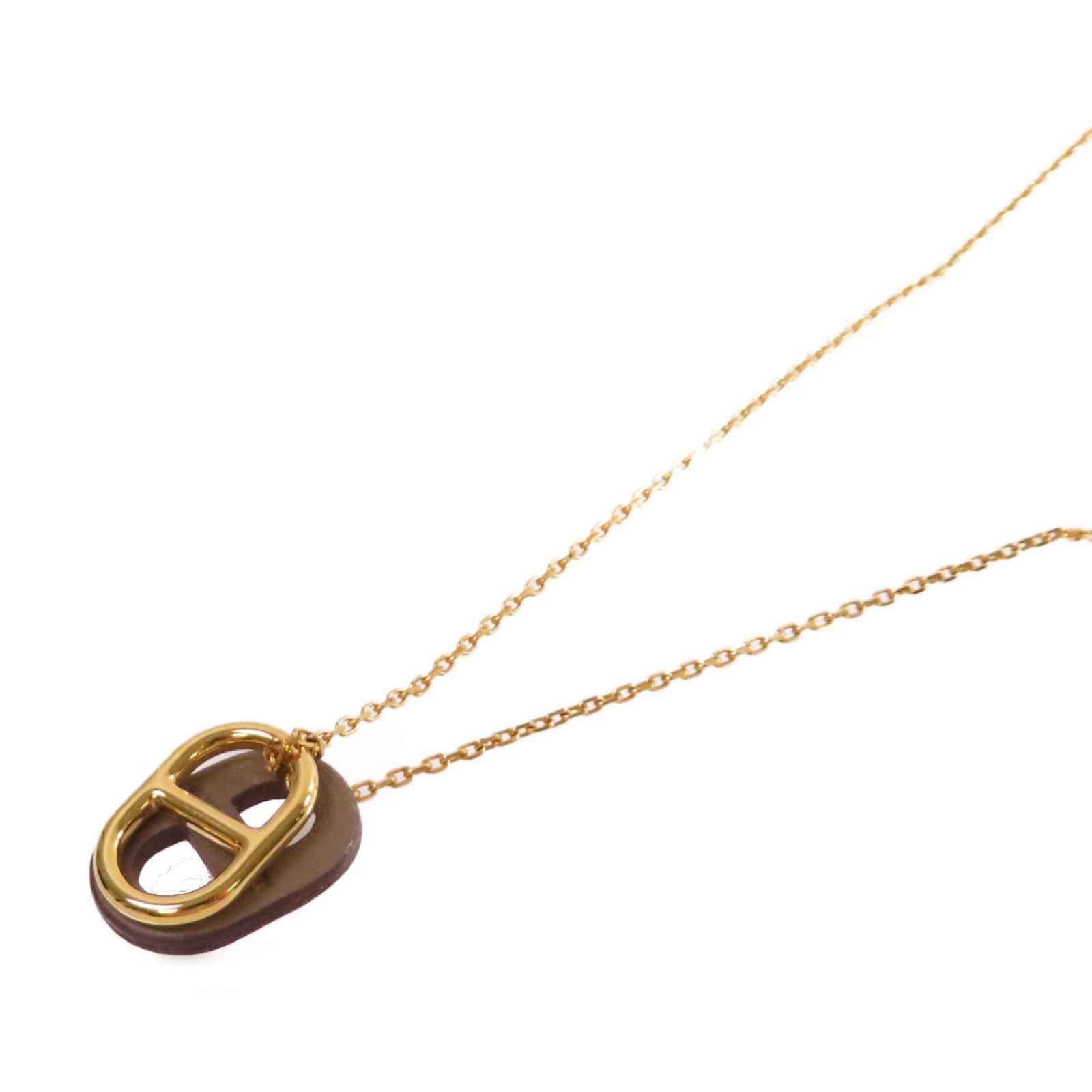 HERMES 金屬/Swift皮革Chaine D'Ancre Necklace項鏈金色/大象灰色