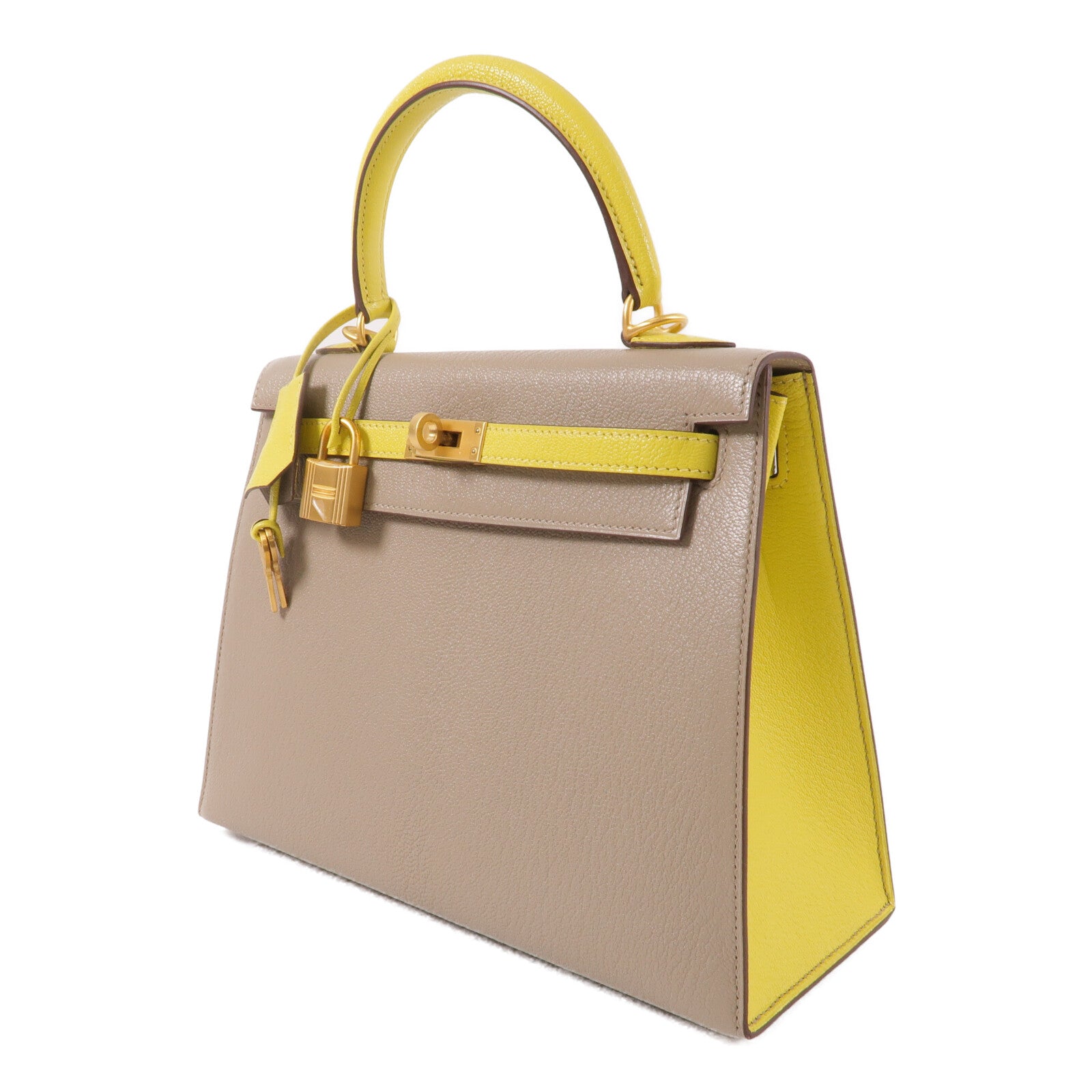 HERMES Chevre皮革Kelly 25手挽肩背兩用袋Gris Asphalte/Lime